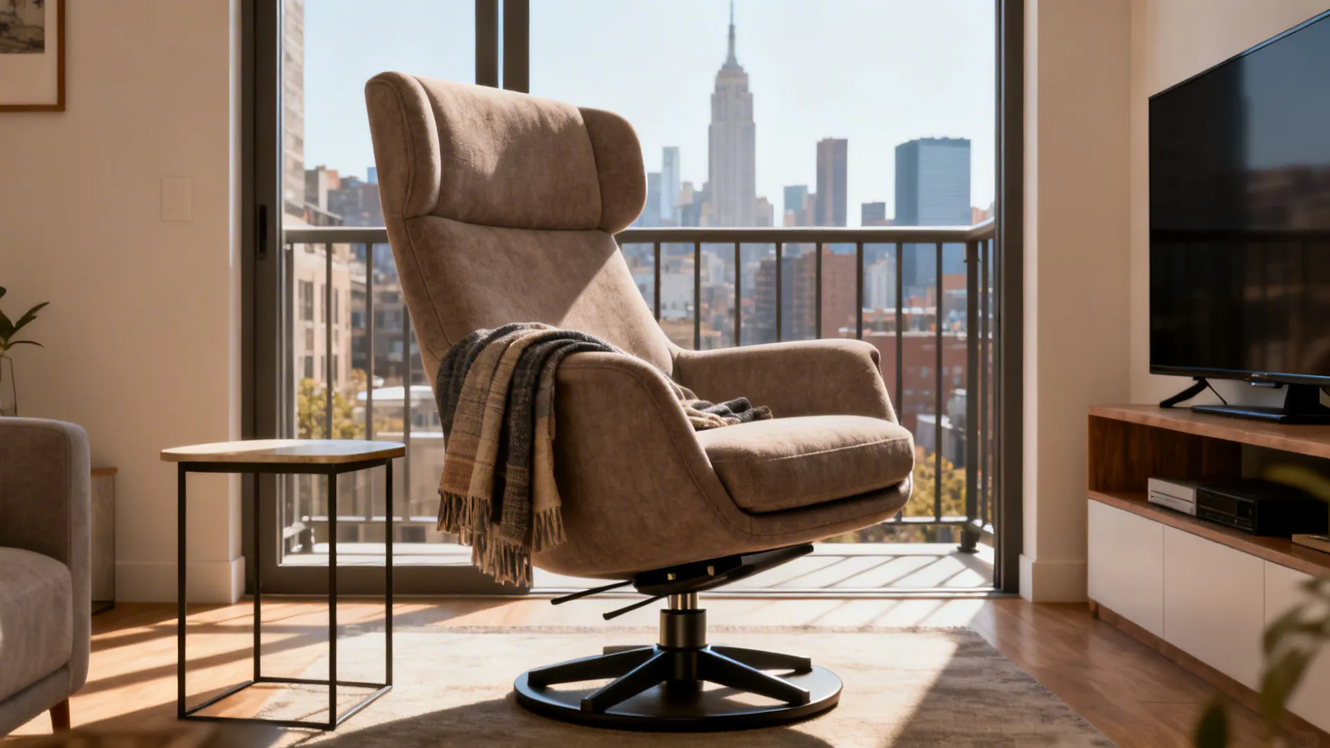 Taupe upholstered swivel chair in a compact urban flat facing TV and balcony.
