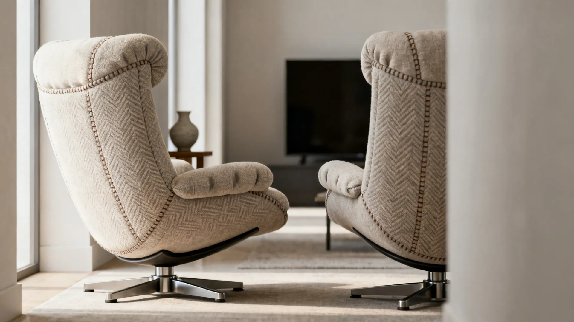 Two plush swivel chairs in a narrow living area showing conversation and TV pivoting capability