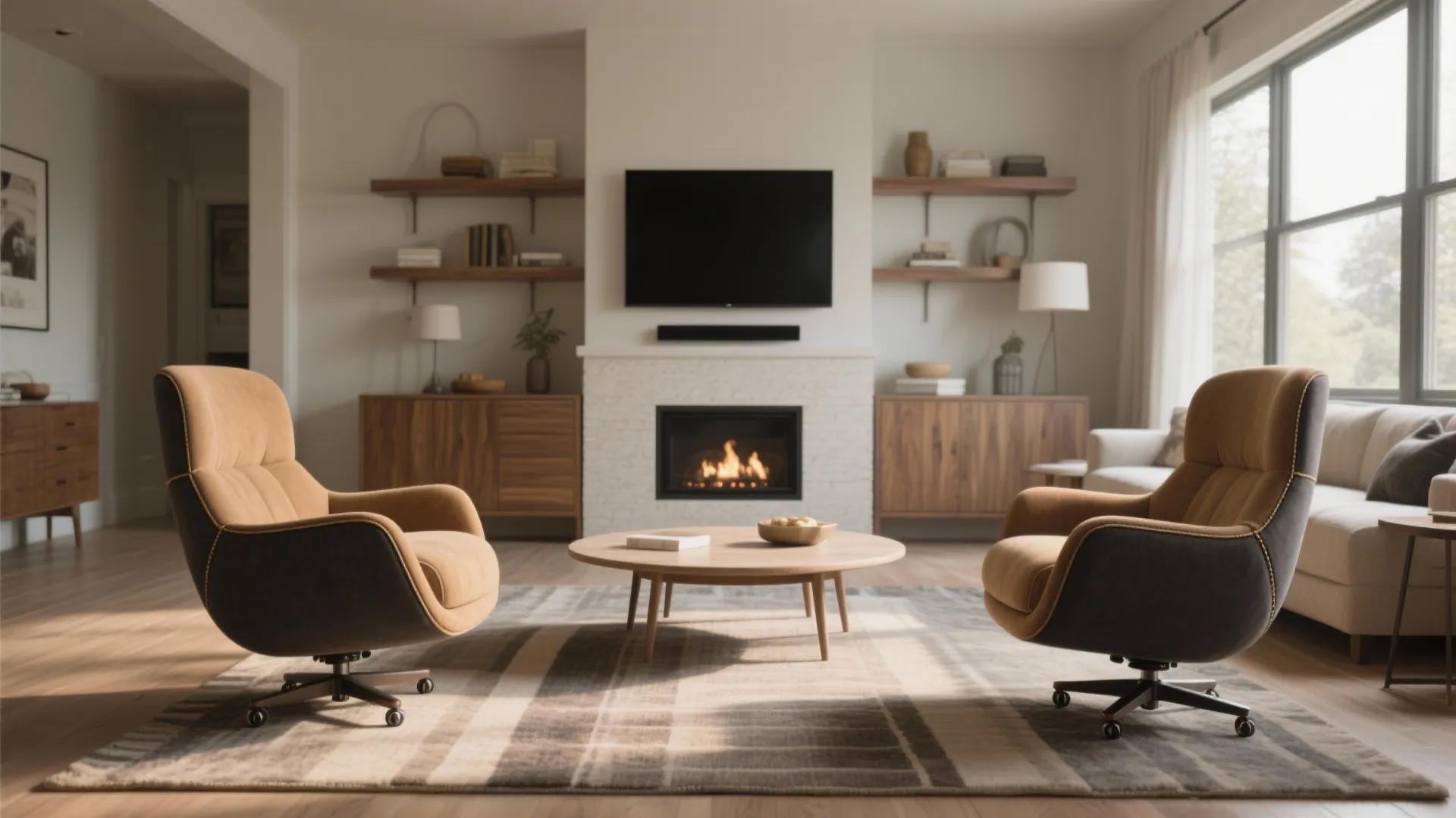 Living room with two brown swivel chairs facing a round wooden coffee table and fireplace area