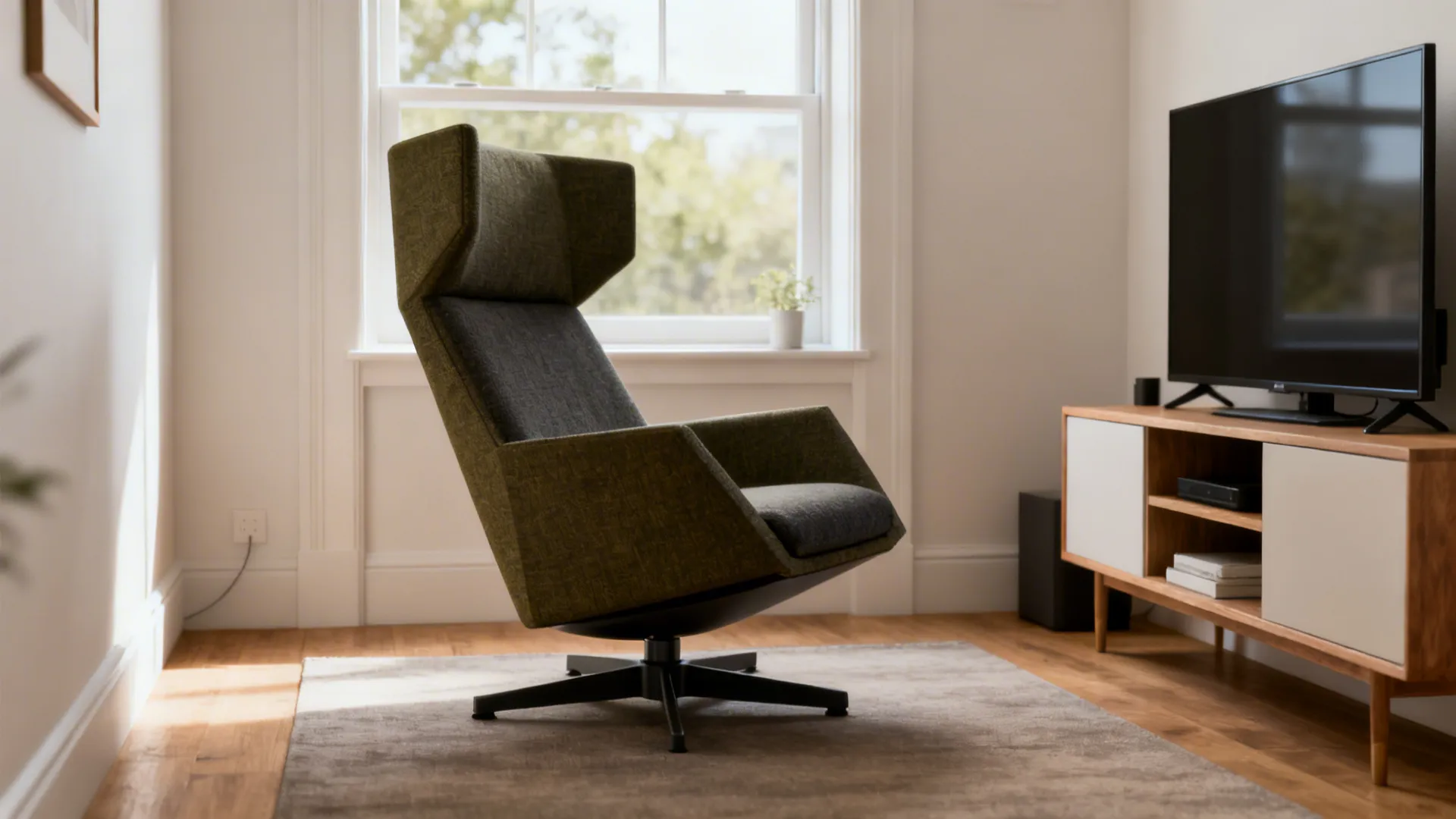 Modern green chair on grey rug in bright living room with wooden floor and window