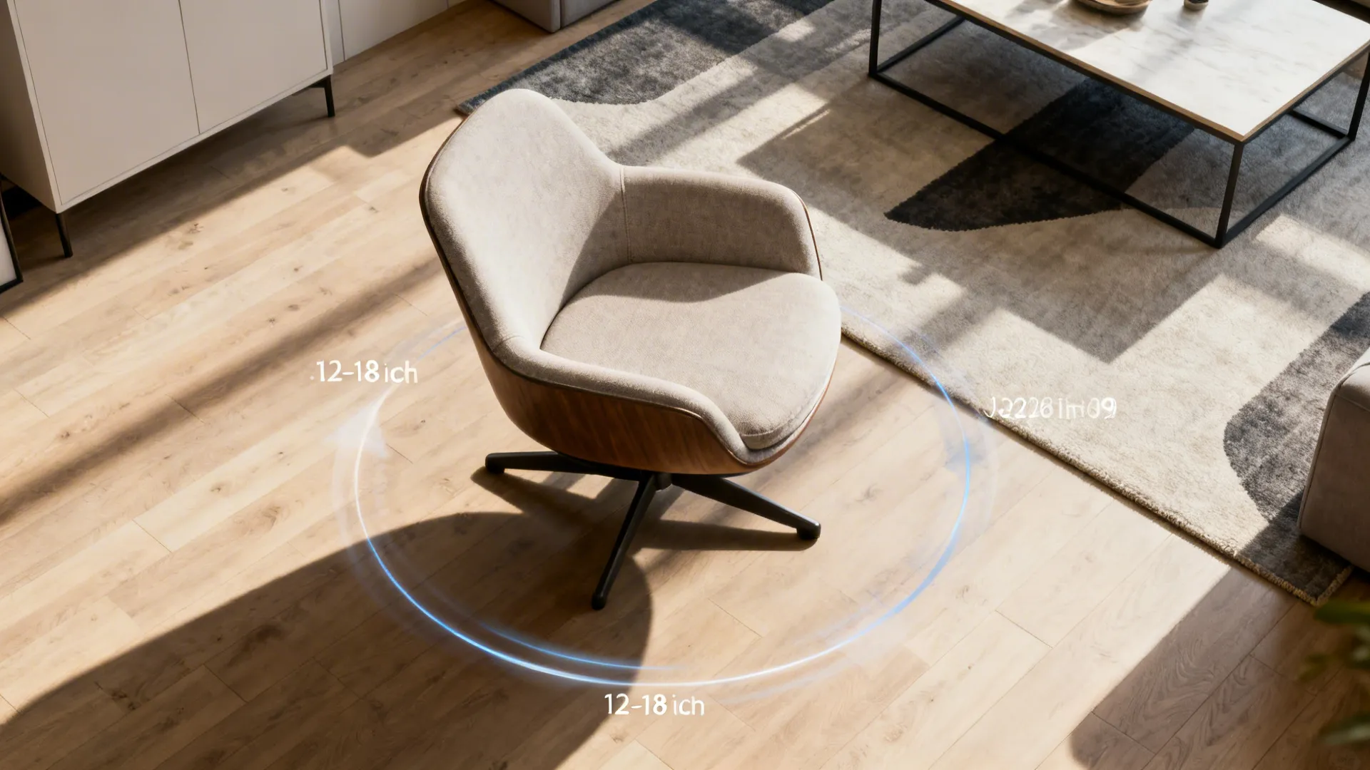 Top-down view showing swivel chair rotation and clearance around a coffee table in a small living room.