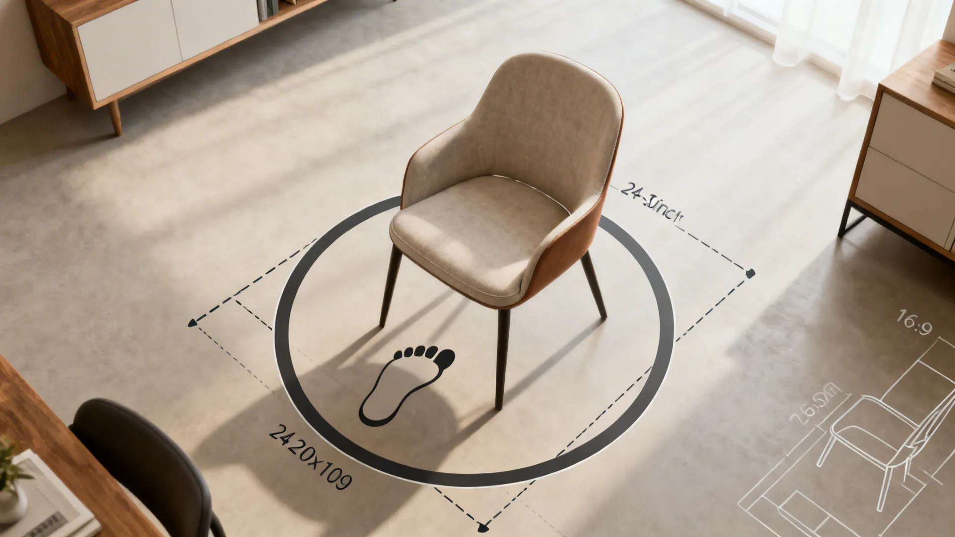 Top-down measurement guide showing swivel chair rotation diameter and recommended clearance for placement.
