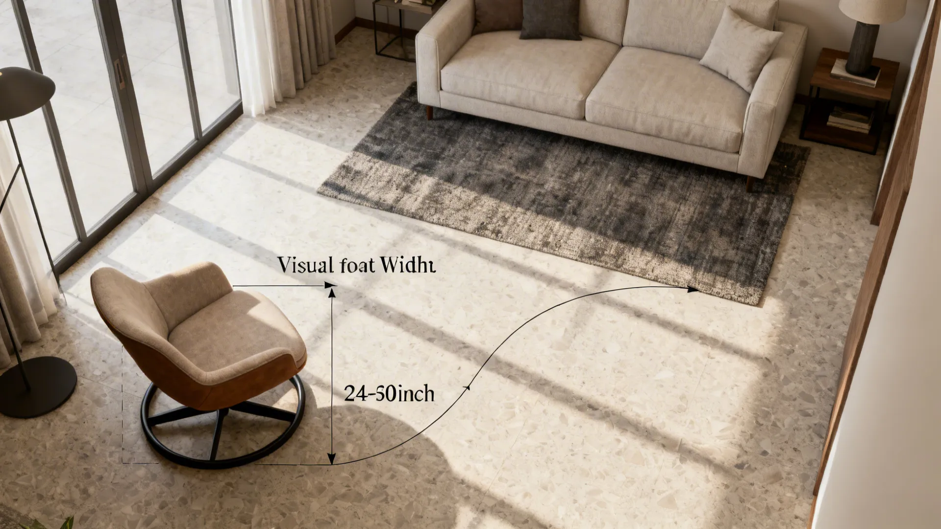 Living room layout showing swivel chair clearance measurement between furniture and a large grey rug