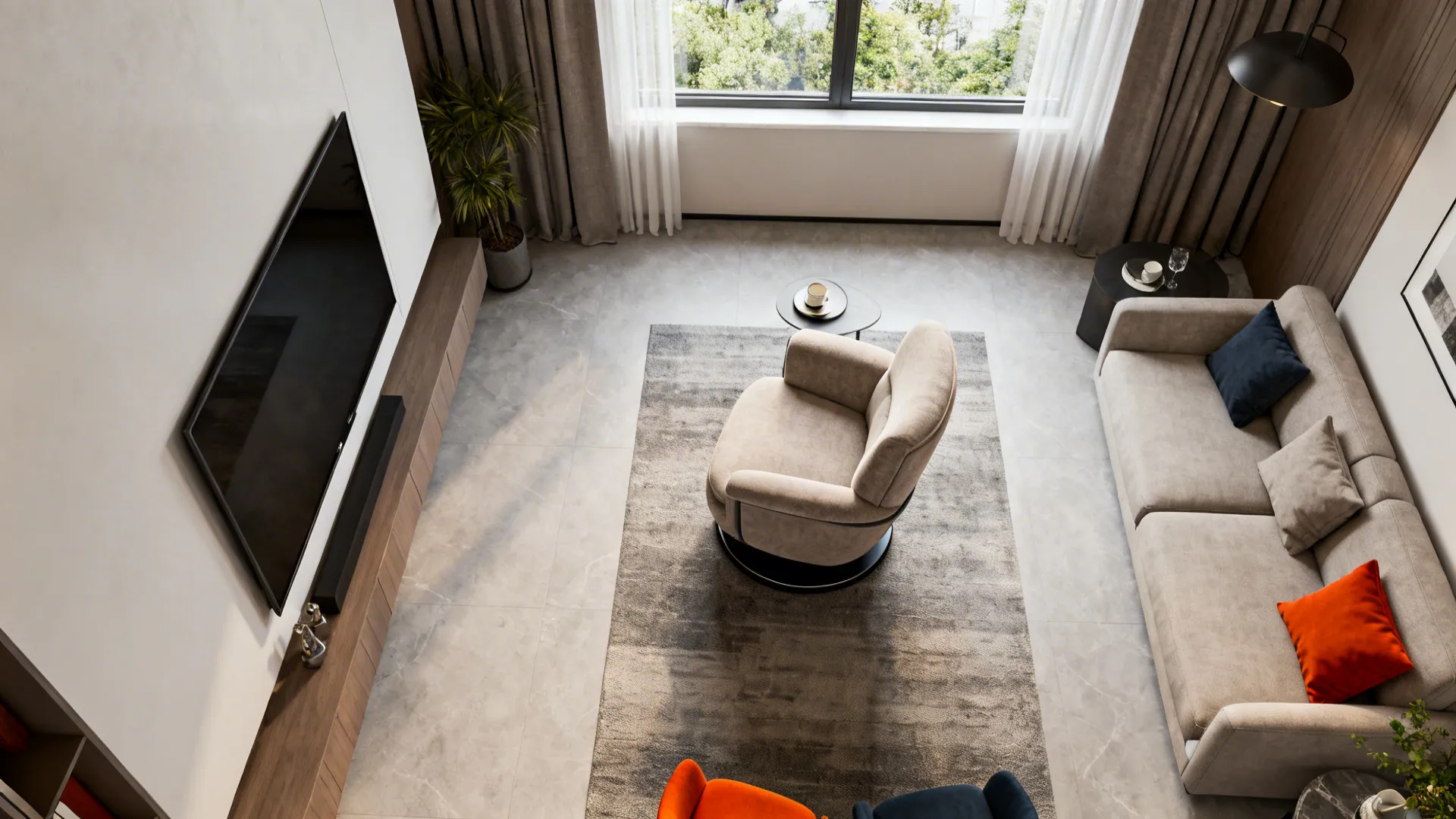 Top-down view showing swivel club chair orientation options and room circulation