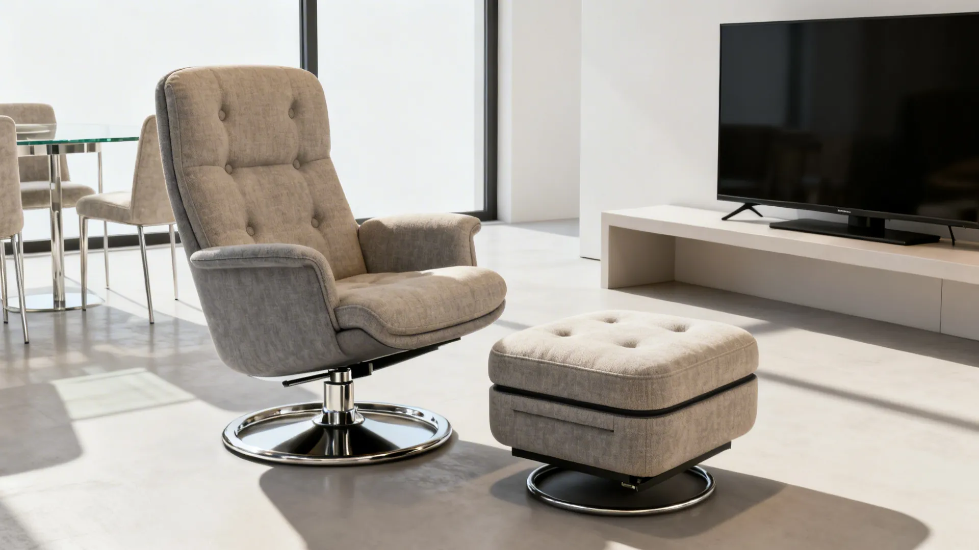 Compact swivel accent chair with a small ottoman tucked to allow rotation in a studio layout