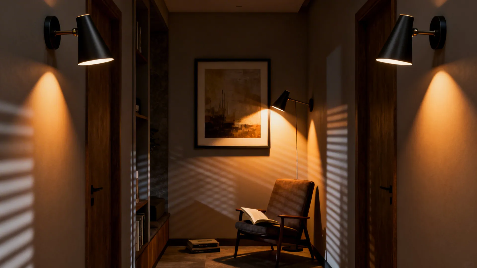 Swivel cone sconces creating focused directional highlights on artwork in a compact living area.