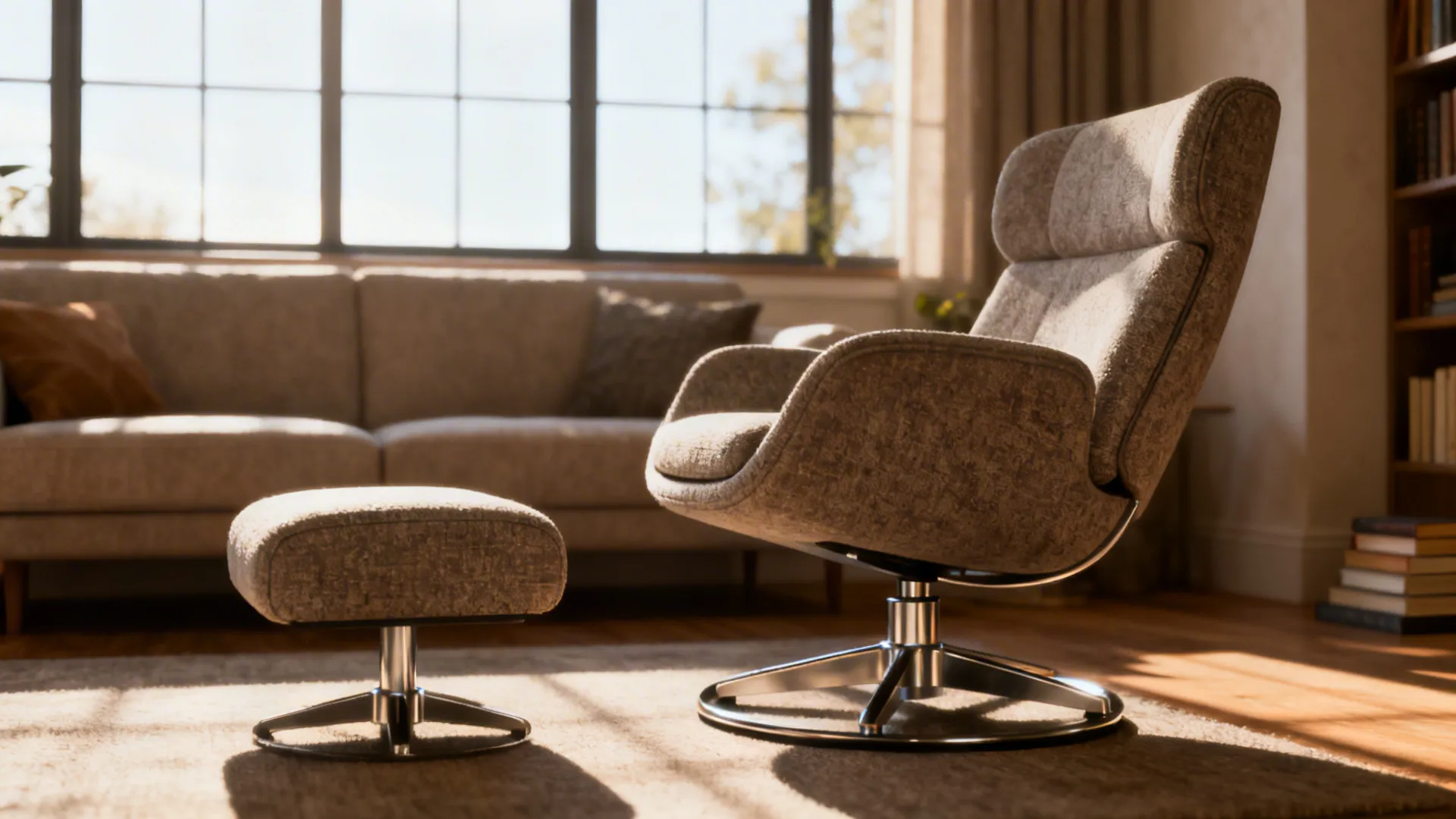 Compact swivel chair turned to join a conversation group with a small ottoman nearby