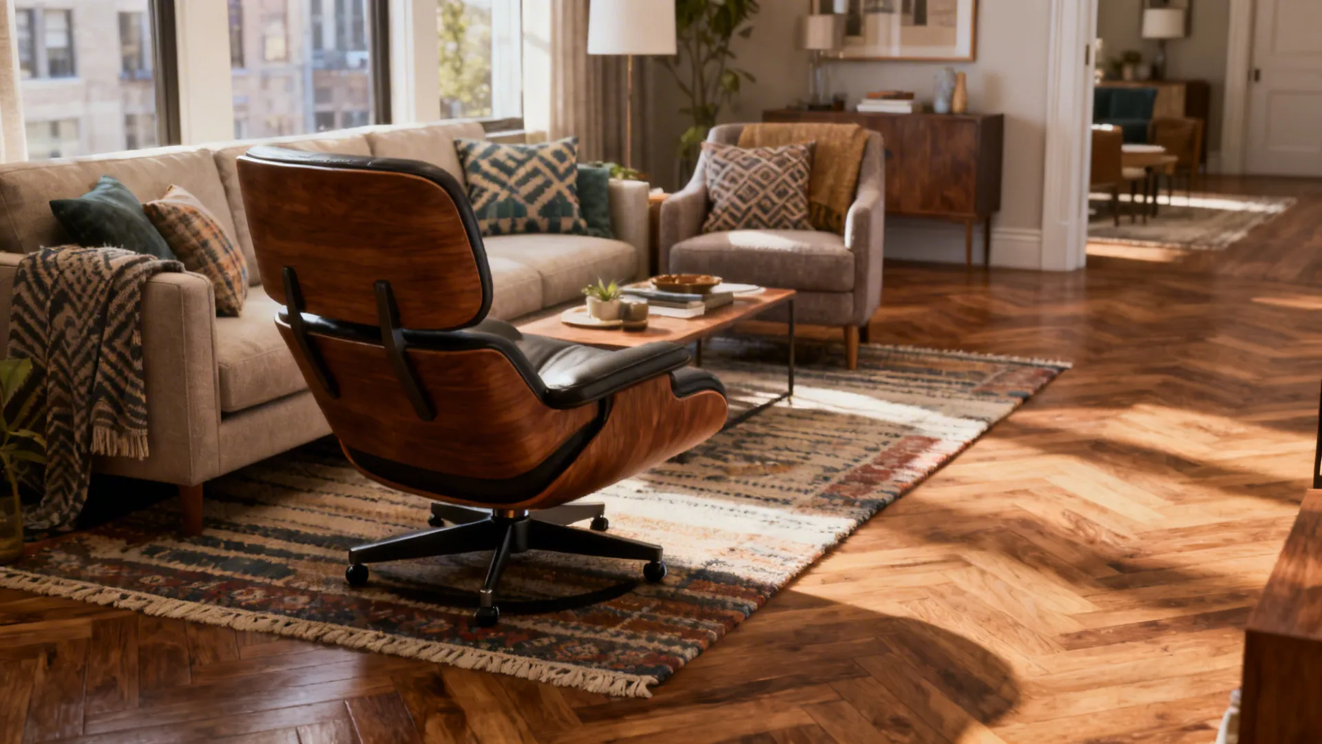Low-profile swivel chair positioned near a sofa, demonstrating flexible conversation orientation.