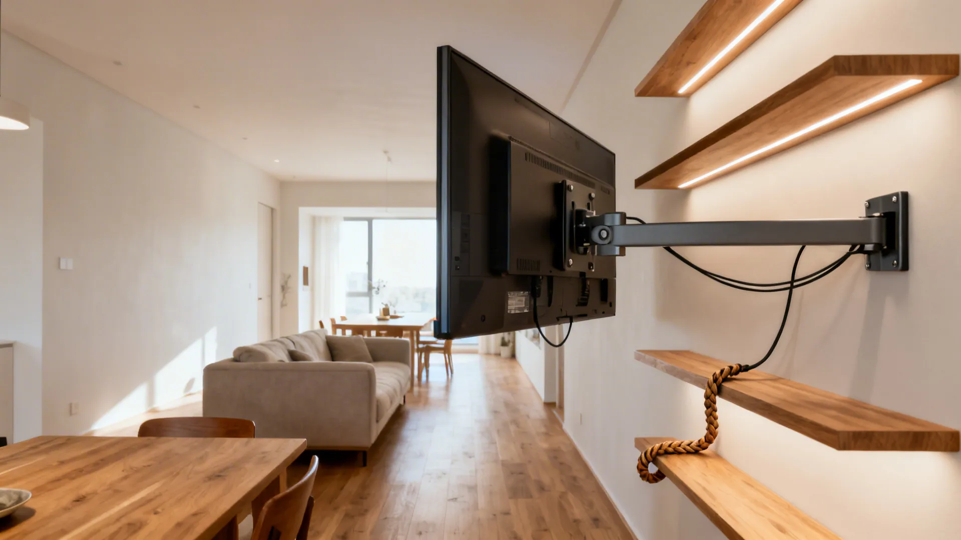 Corner TV on a swivel mount with light asymmetrical shelves in a narrow living-dining space.