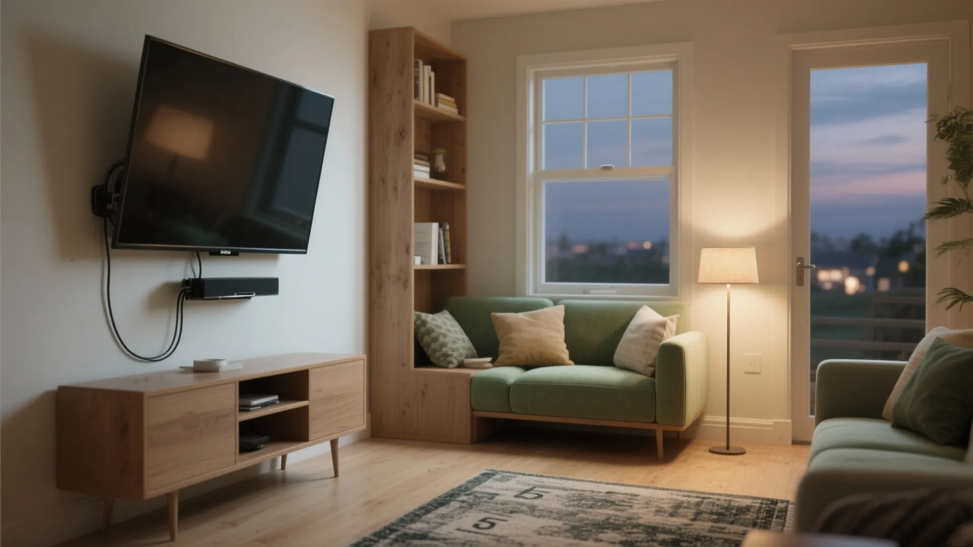 Small living room with green sofa wooden cabinet and television near window during evening time