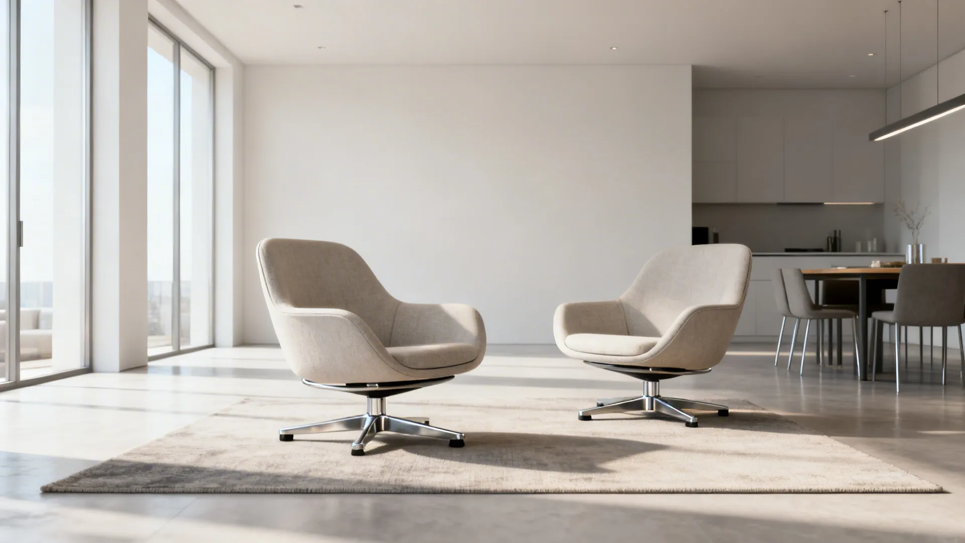 Two compact swivel chairs in an open-plan living area showing flexible seating and flow.