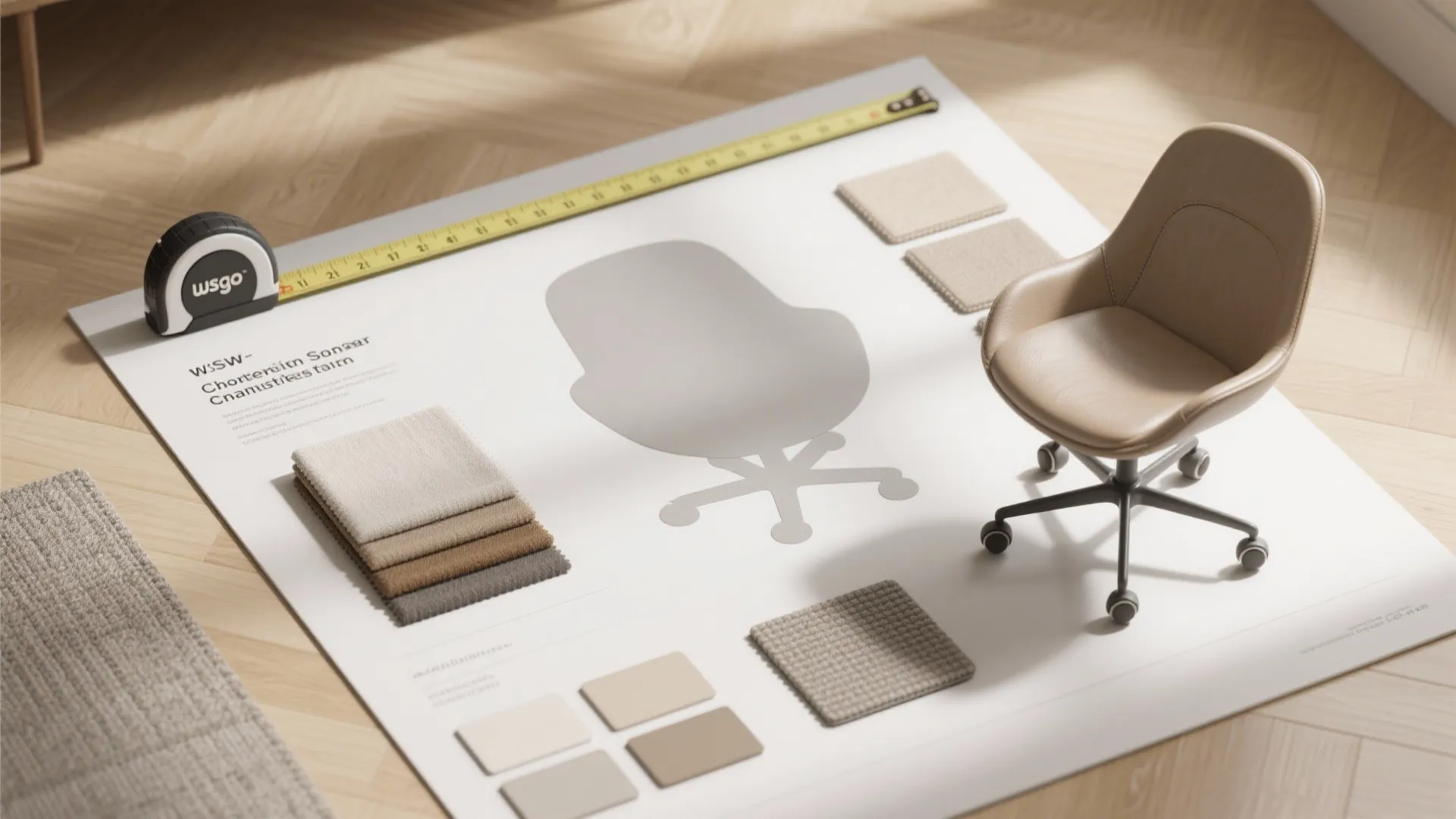 Flatlay of measurement tools, fabric swatches, and caster samples for selecting swivel chairs in small rooms.