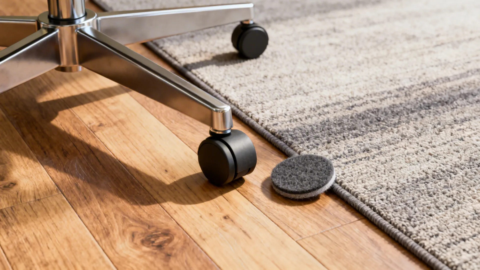 Chair wheel on wooden floor next to grey rug with small round grey felt pad