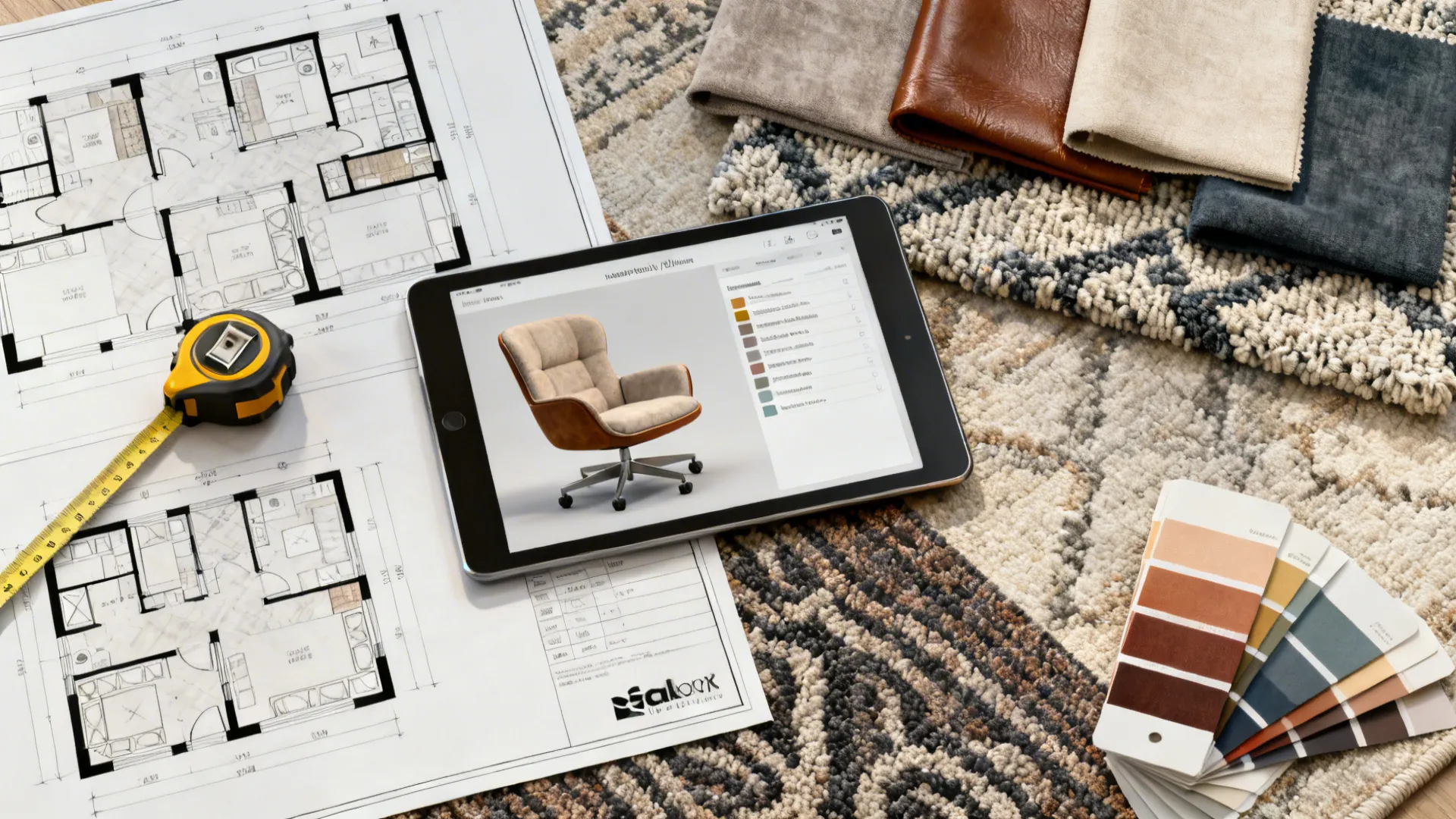 Tablet showing chair design on floor plan with measuring tape fabric samples and color swatches