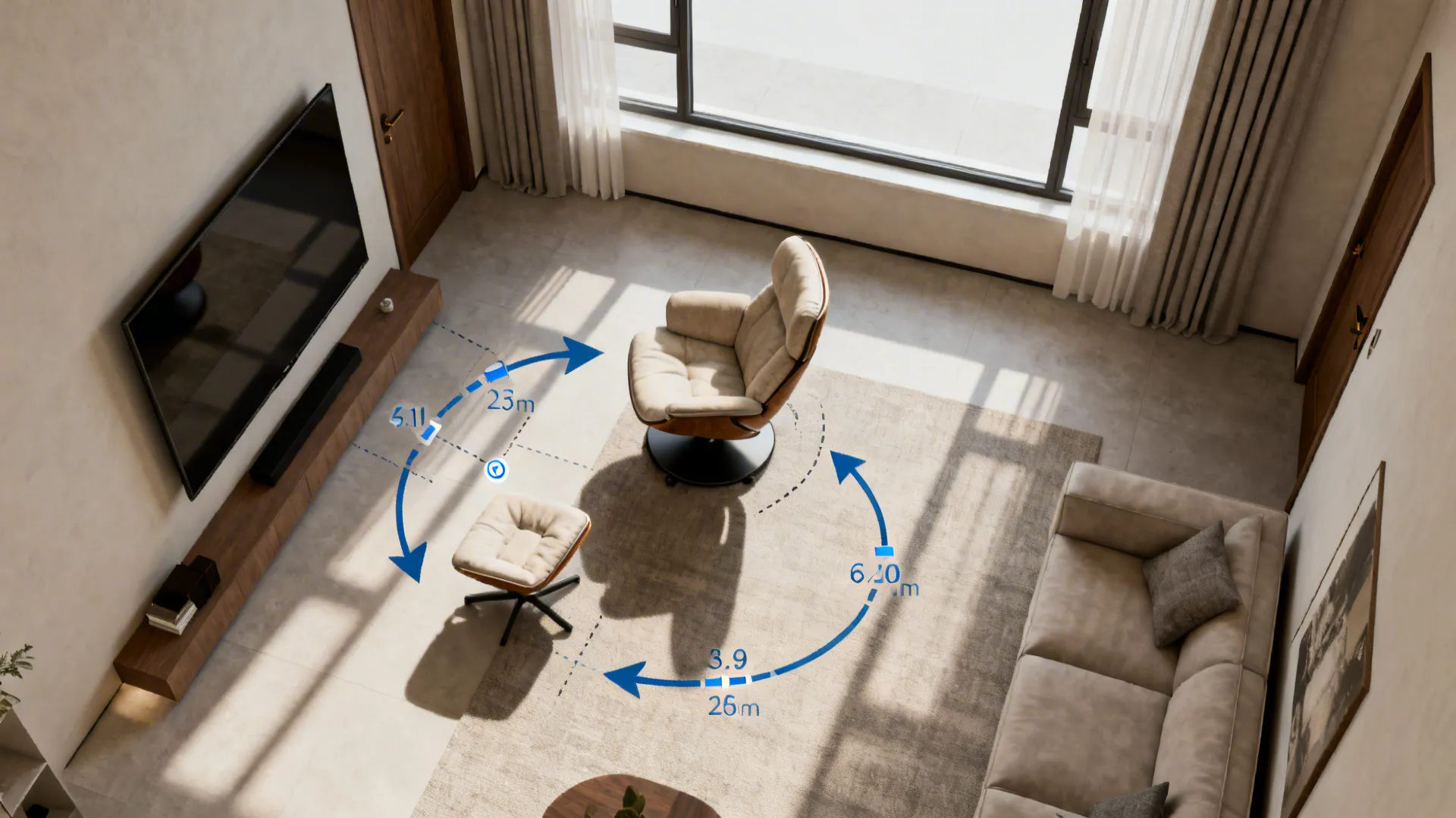 Top-down floorplan showing swivel chair placement options and circulation paths in a living room.