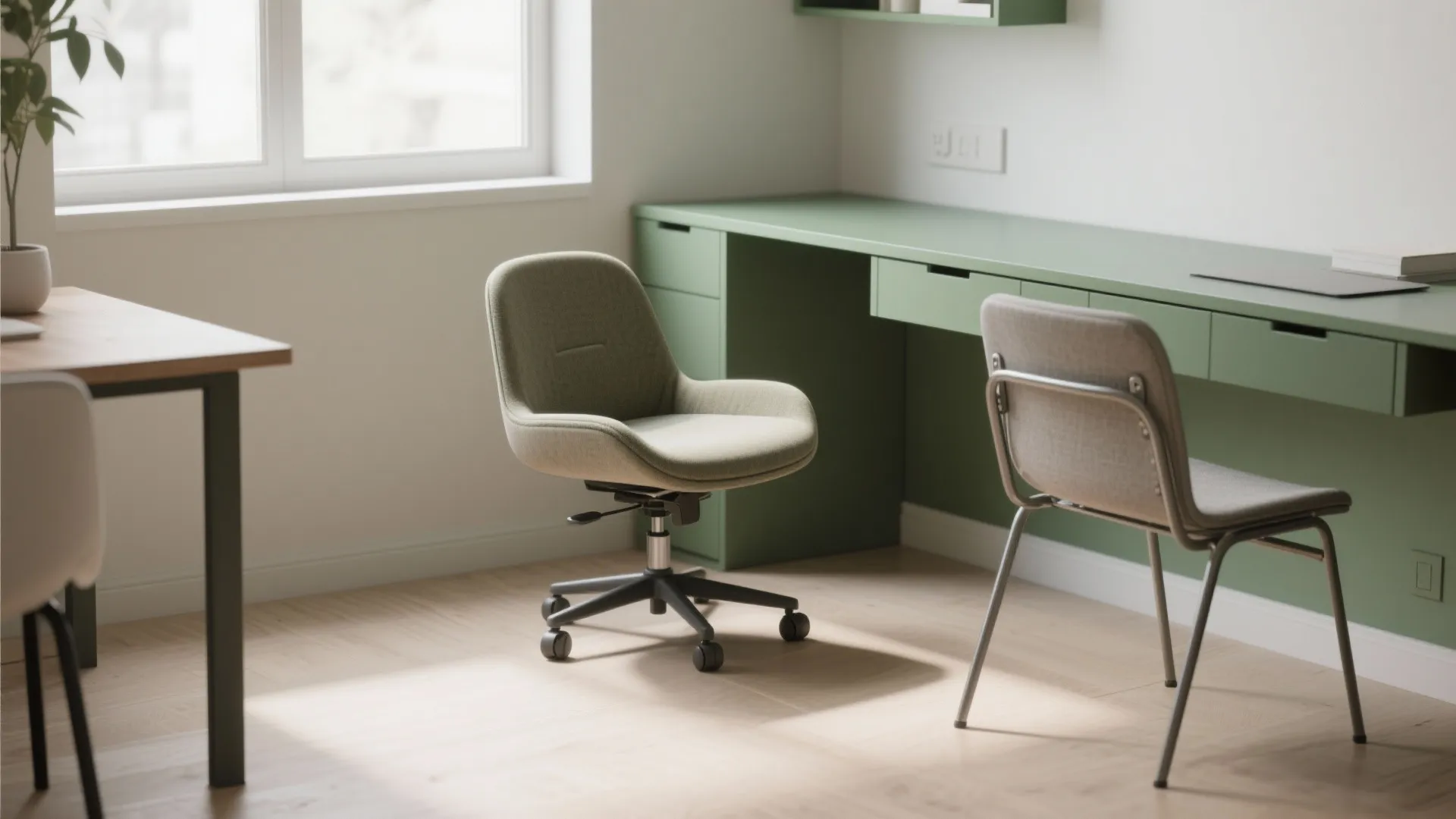 Modern green home office desk with two office chairs wooden floor window and white wall design