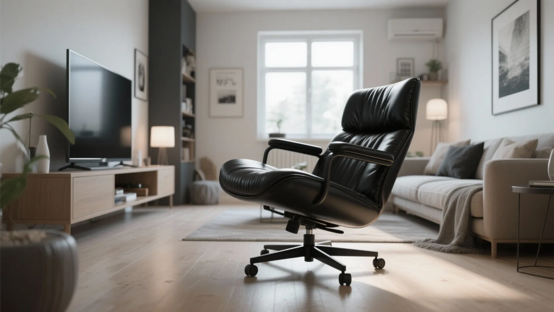 Modern black leather chair in a bright living room with wooden floors and large window