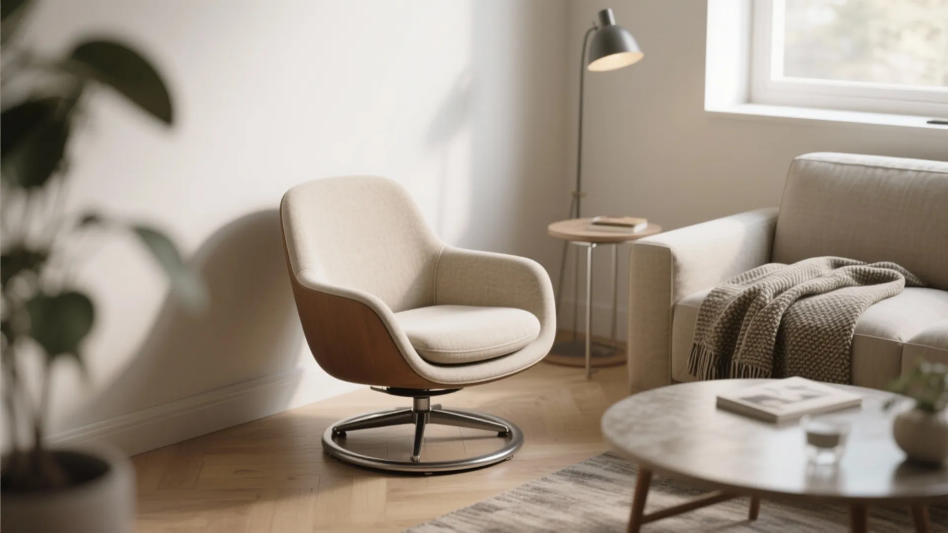 Modern cream swivel chair next to a sofa with tall floor lamp and coffee table