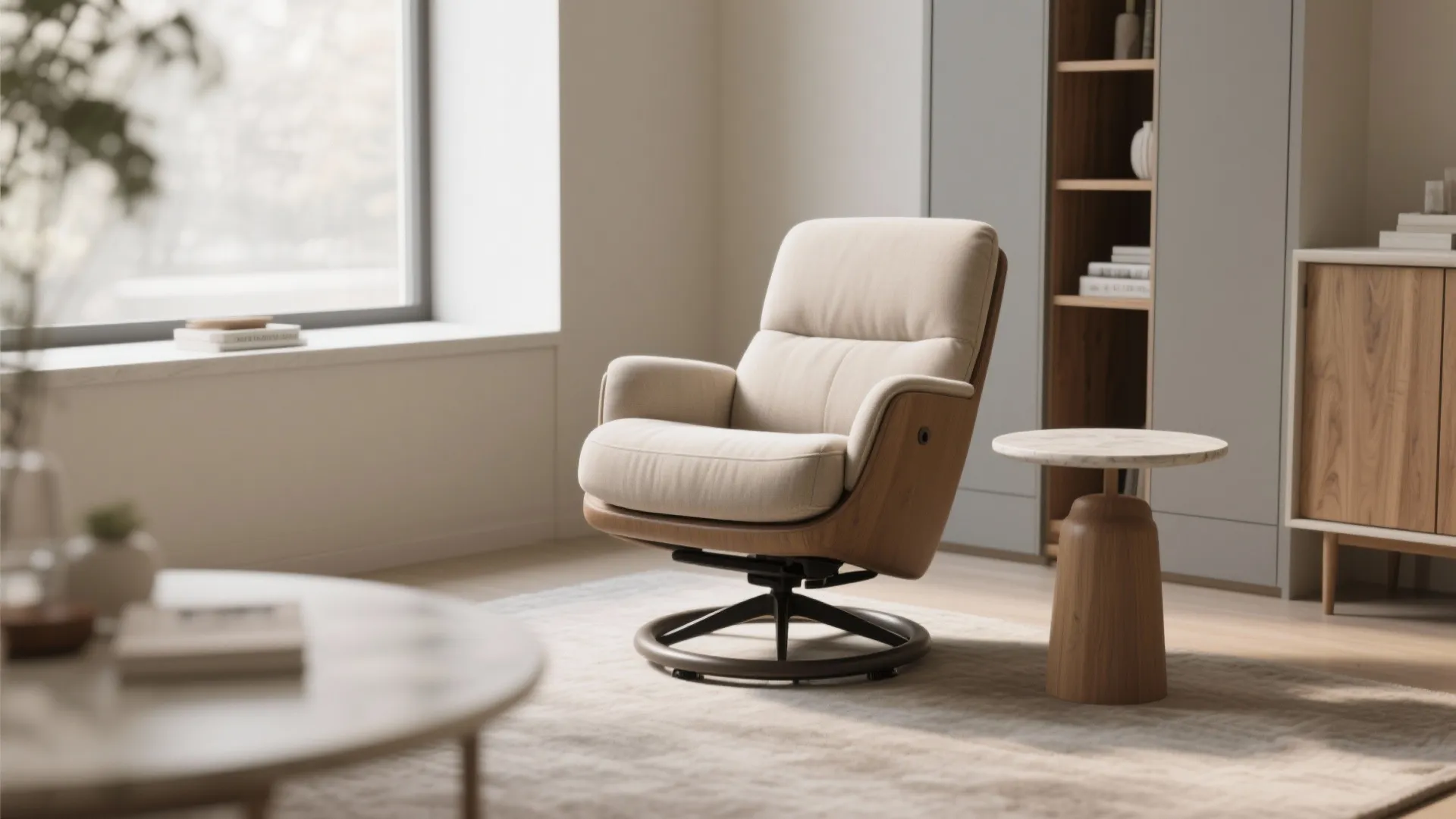 Modern swivel armchair with cream fabric upholstery and wooden base in a bright living room