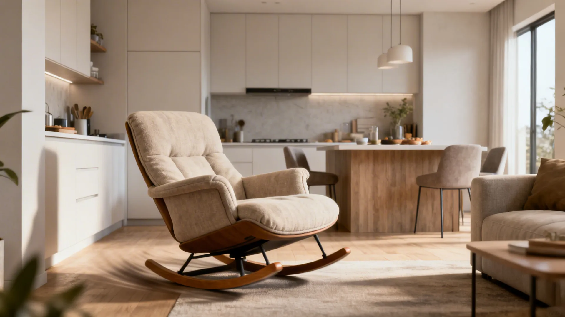 Space-saving swivel glider positioned in an open-plan small living area, showing multi-directional orientation.