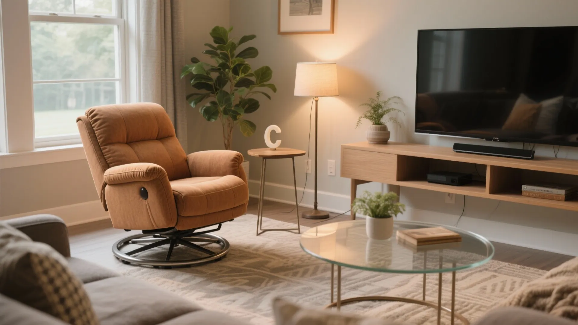 Warm fabric swivel glider recliner in a small living room corner with clear turning space.