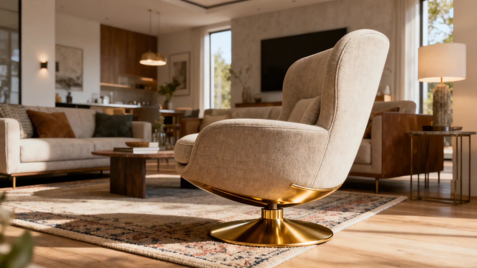 Open-plan living space with an upholstered swivel chair featuring a polished gold base defining a seating zone