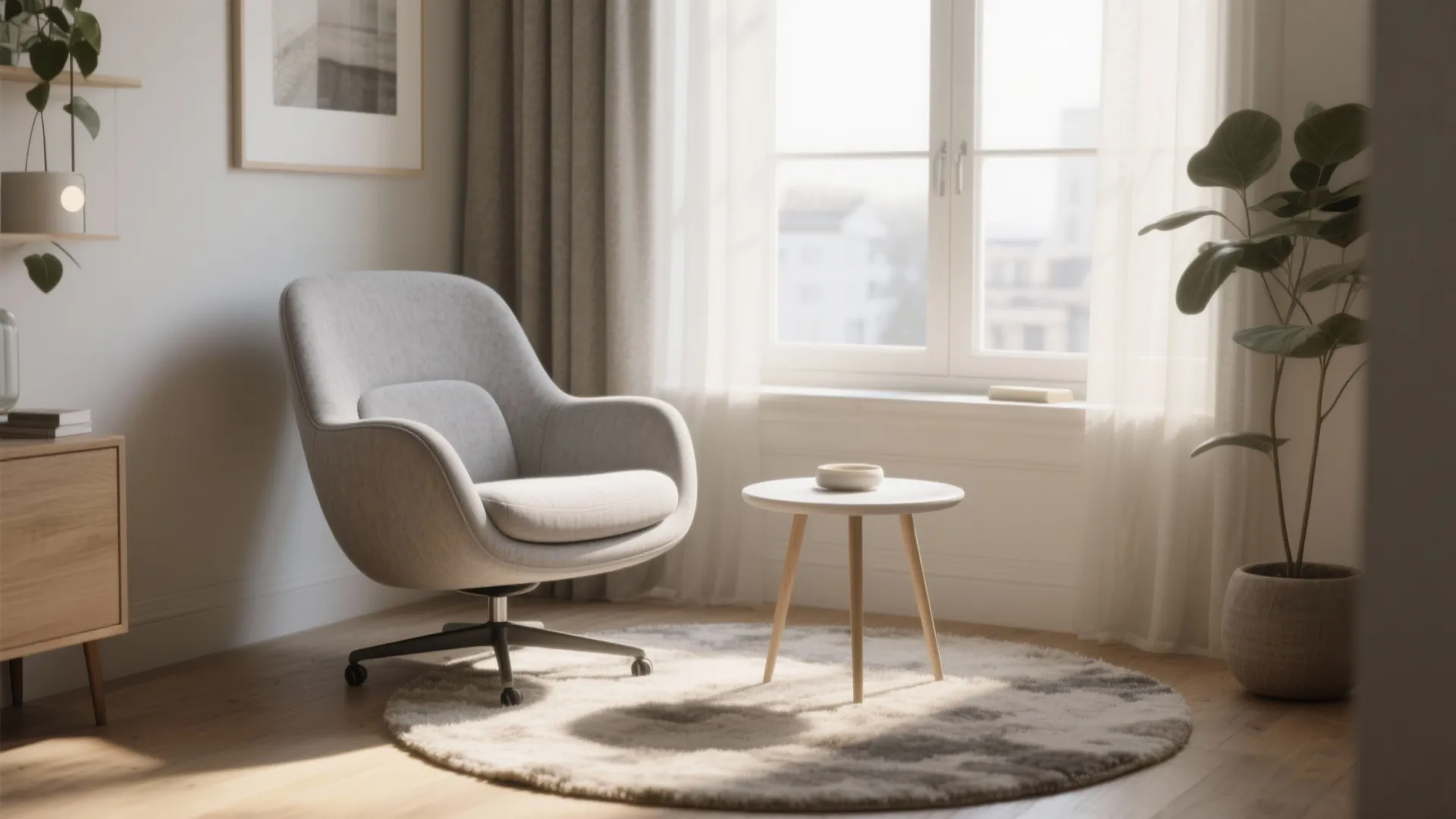 3. Swivel gray accent chair — versatile for conversation nooks