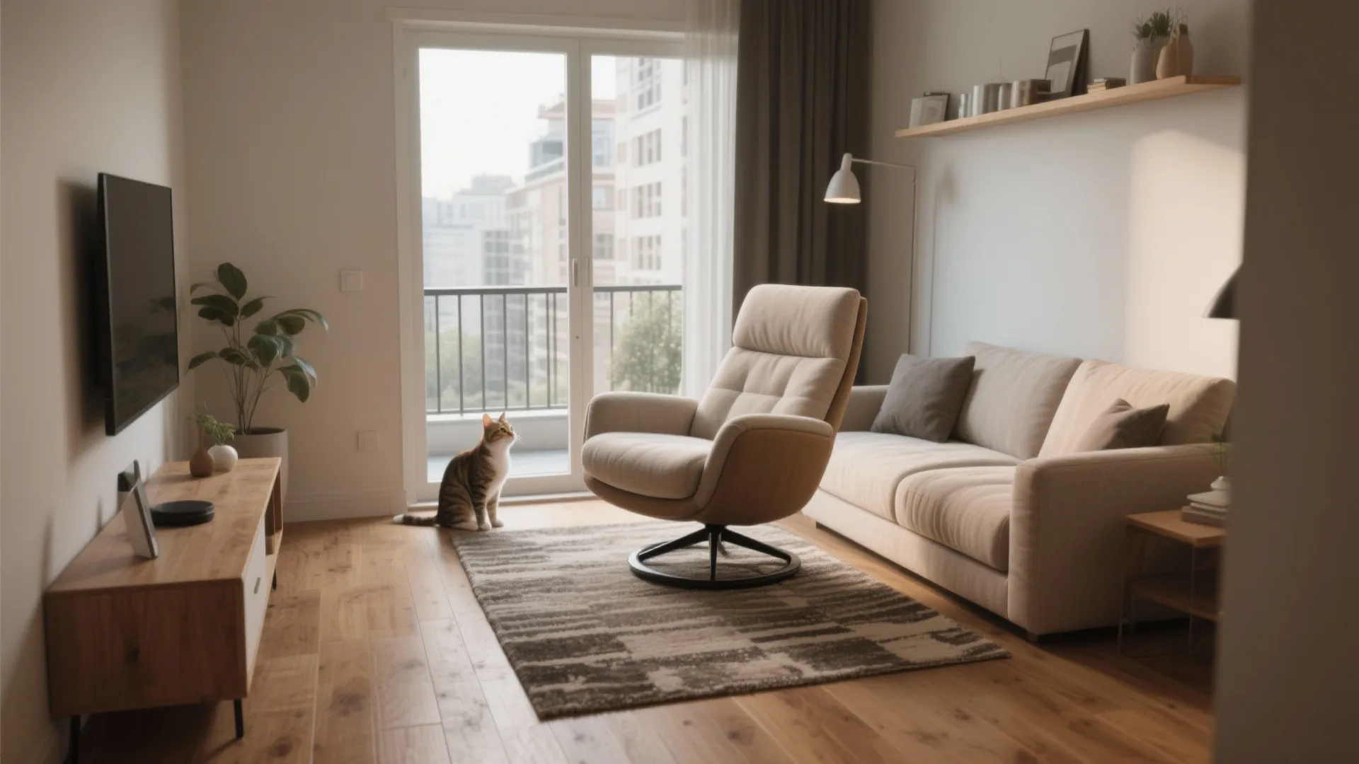 Bright modern living room with a beige swivel sofa chair a small cat and wooden floor