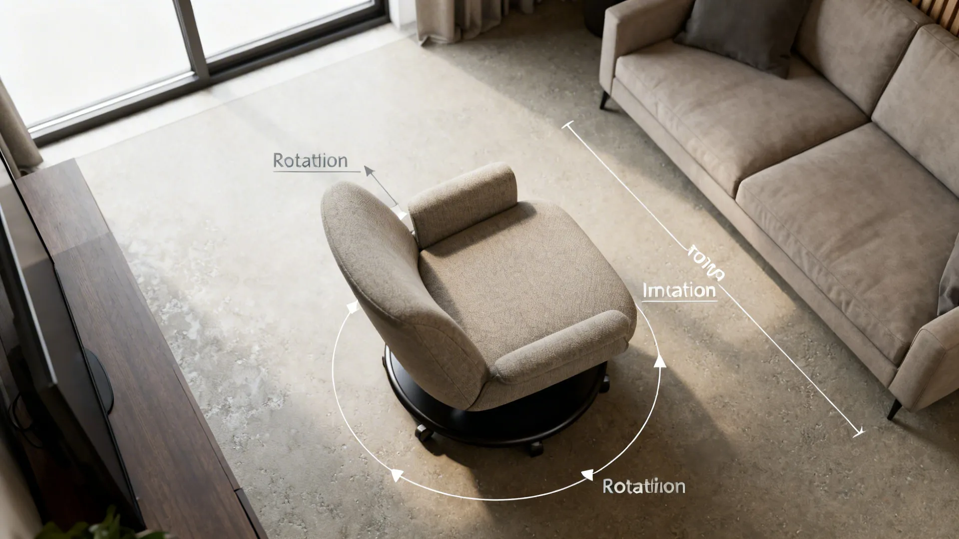 Top-down view of a small living area layout with a swivel chair and marked rotation clearance.