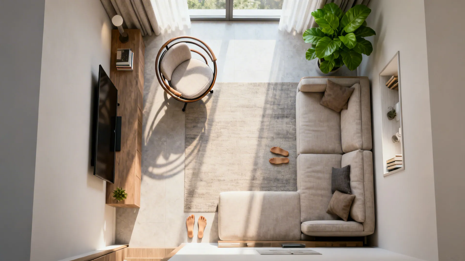 Top-down view of a compact living room showing a swivel chair and its rotation arcs for layout planning.