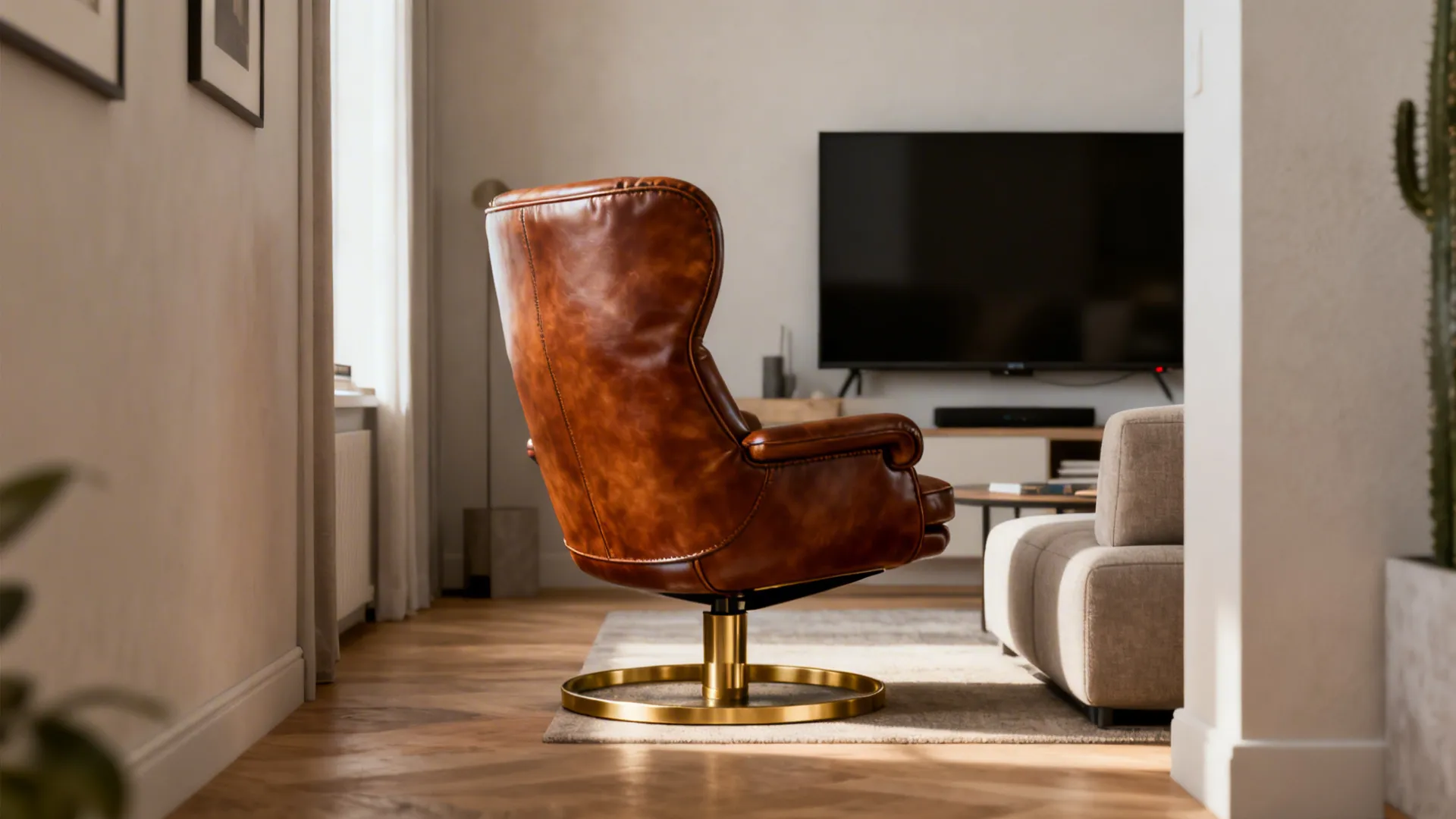 Compact swivel leather chair with brass base in a small living room, shown turning between TV and seating