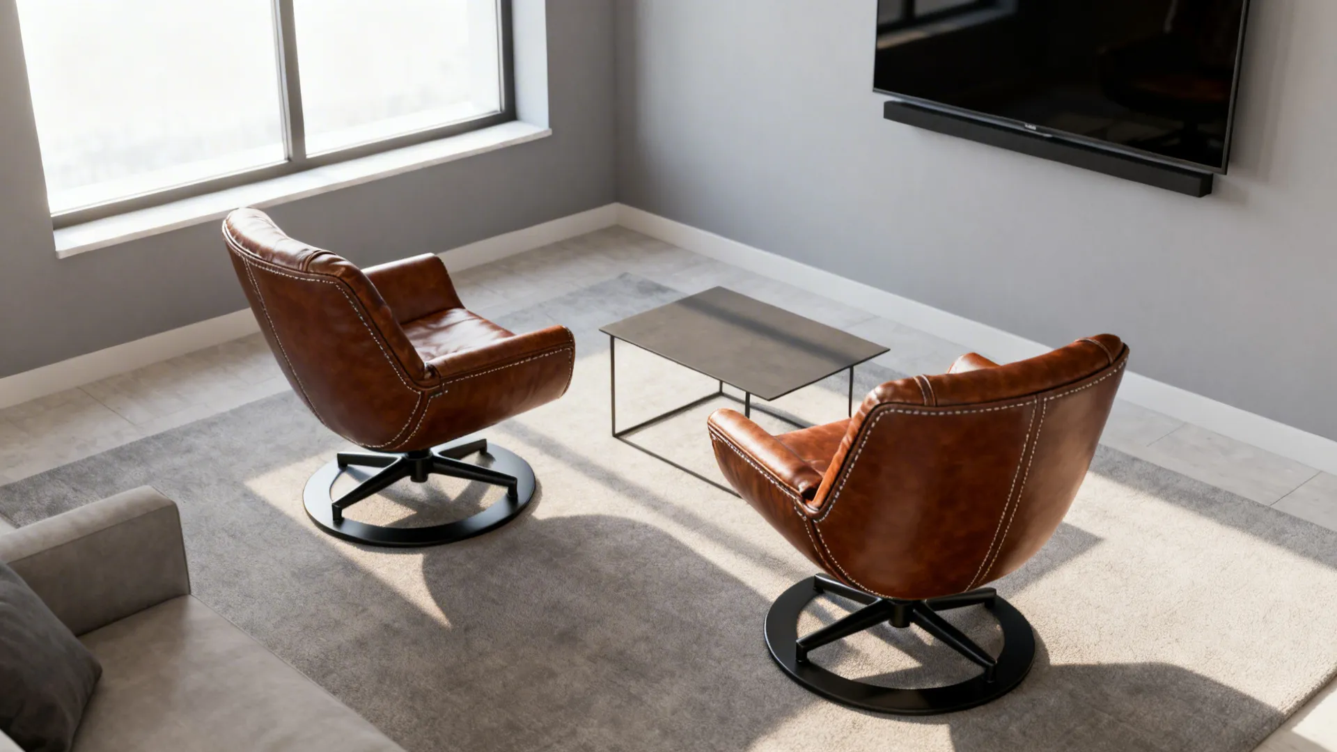 Two brown leather swivel chairs facing small table on grey rug in bright living room