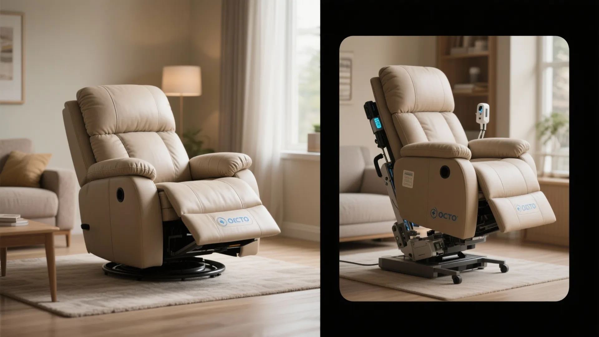 Comfortable beige power sofa chair shown beside its mechanical lifting base in a modern room