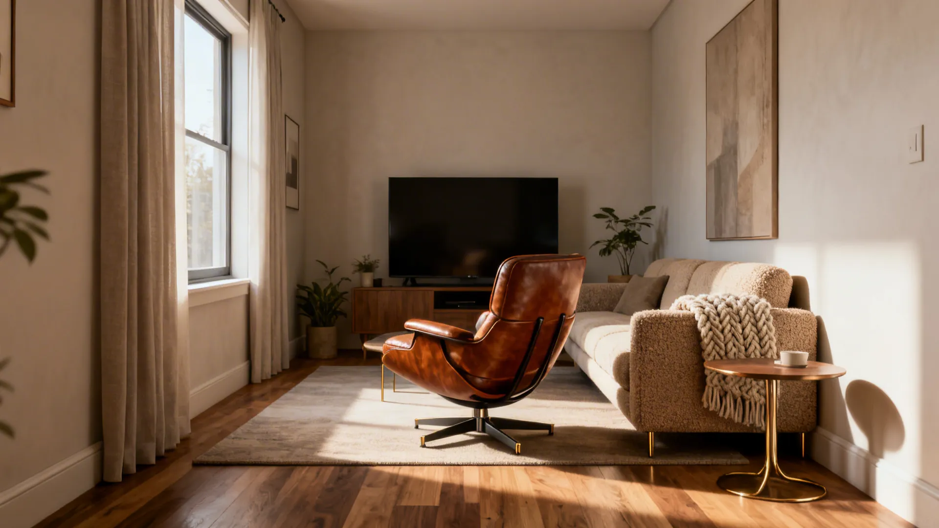 Modern living room with brown leather chair sofa television window curtains wooden floor and indoor plants