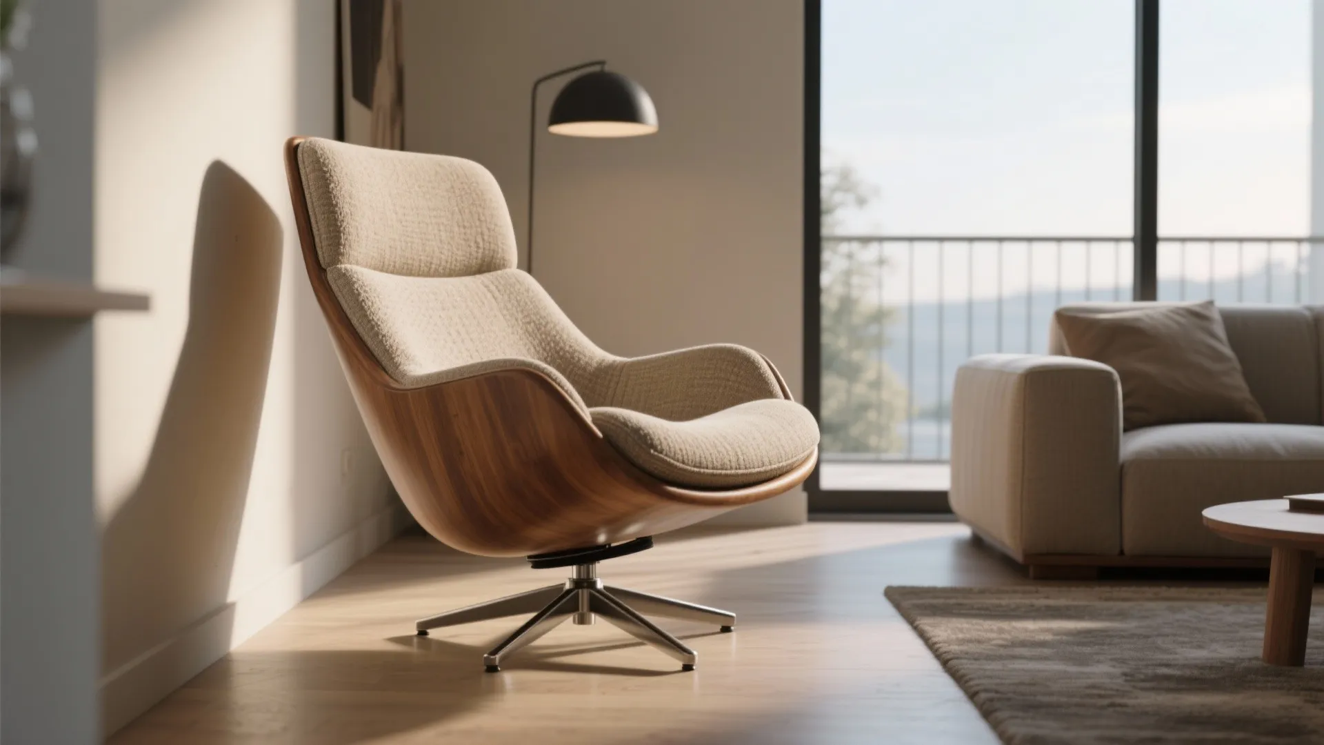 Modern swivel lounge chair with wooden shell and beige fabric in a sunny living room