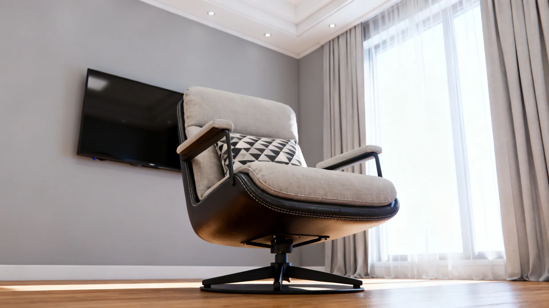 Compact swivel lounge chair shown in a layout view demonstrating rotation and clearance