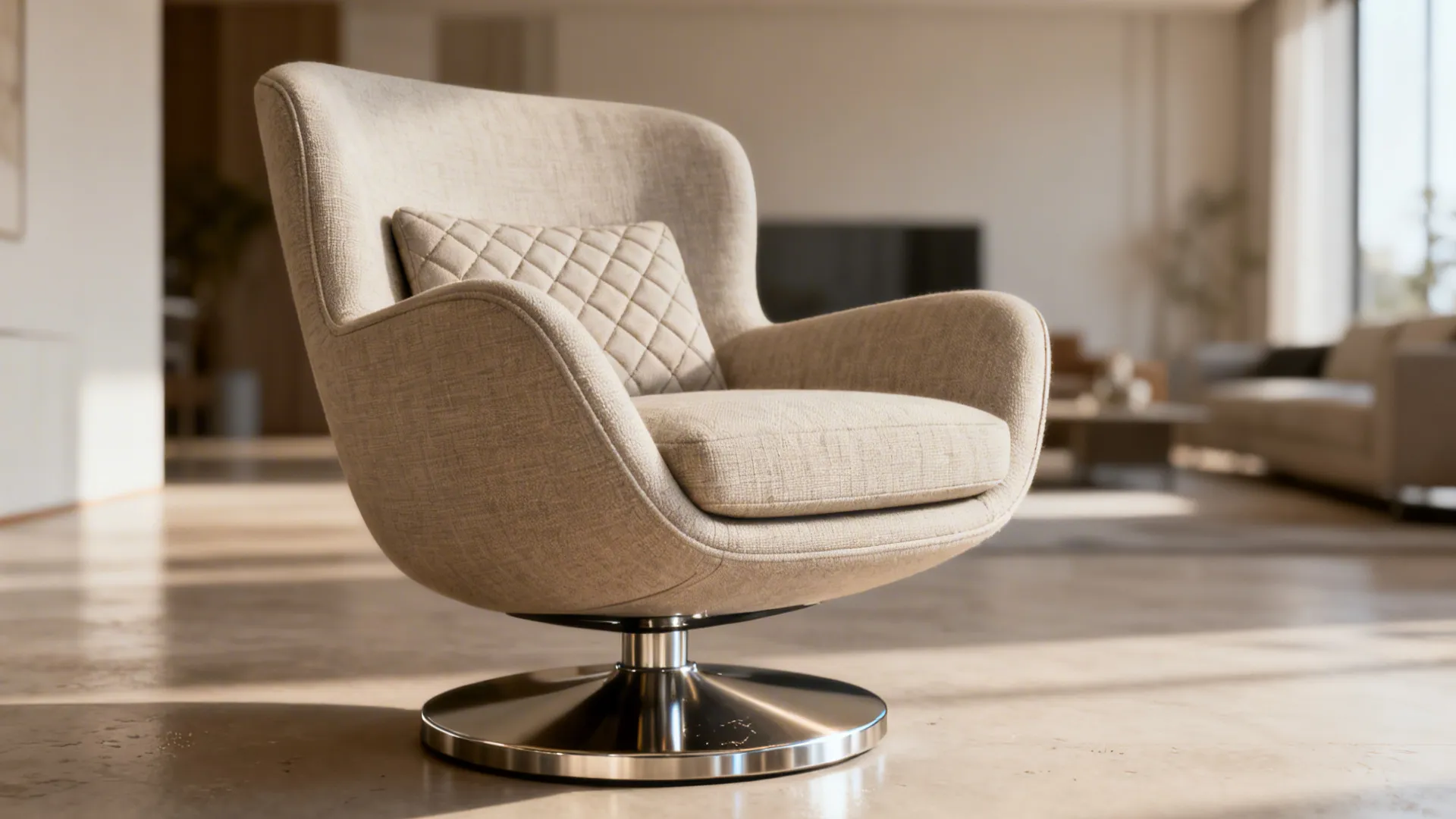 Swivel lounge chair showing a firm lower-back pad in an open-plan room