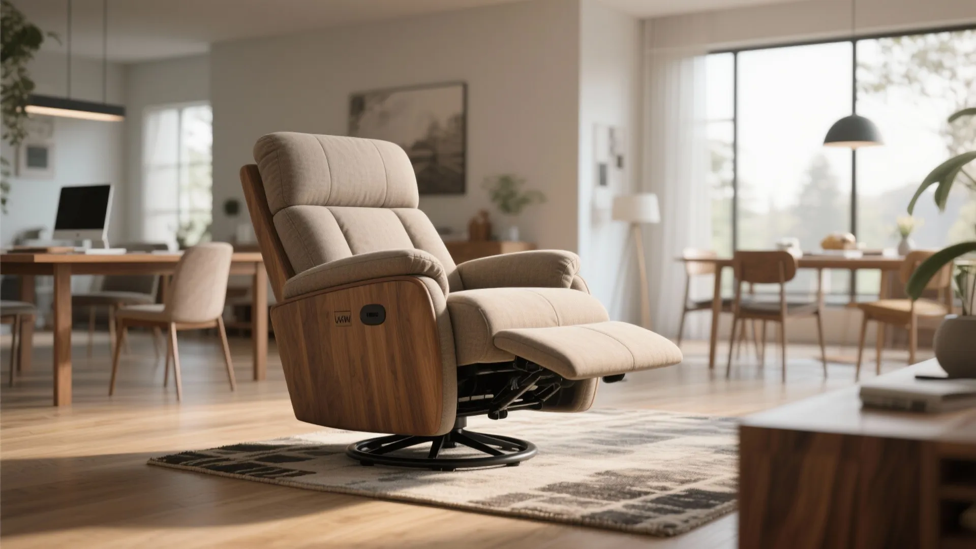 Modern swivel lounge chair with wood panels in a bright living room with natural light