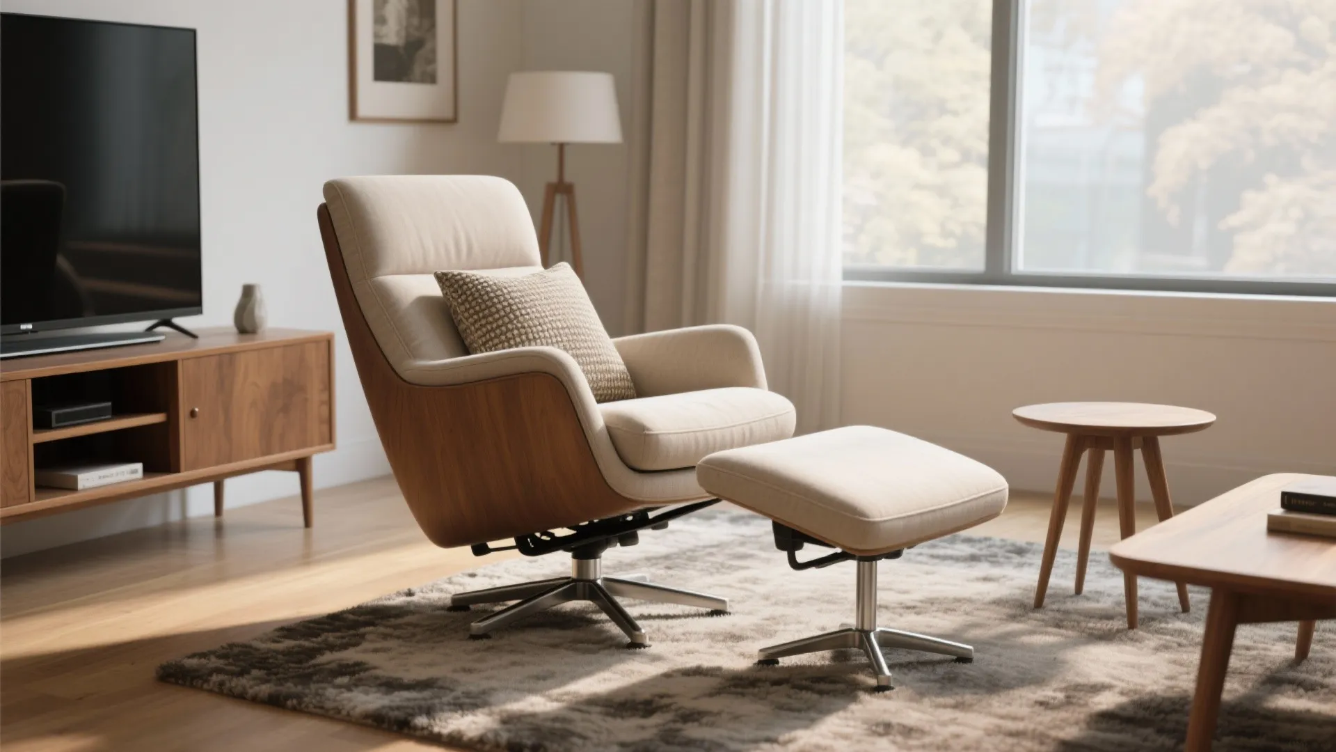 Comfortable lounge chair with footrest in living room featuring wood cabinet rug and small side table