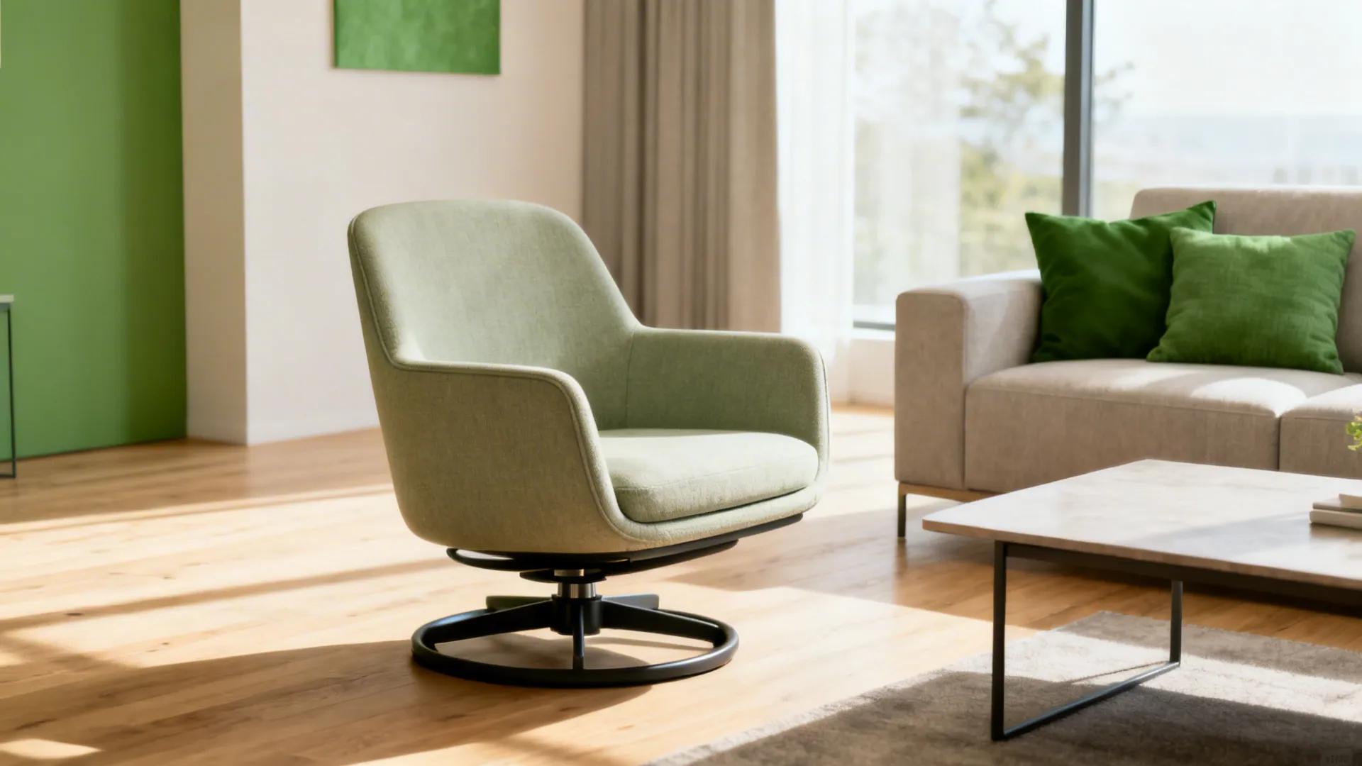 Low-armed swivel chair tucked close to a coffee table in a small living room