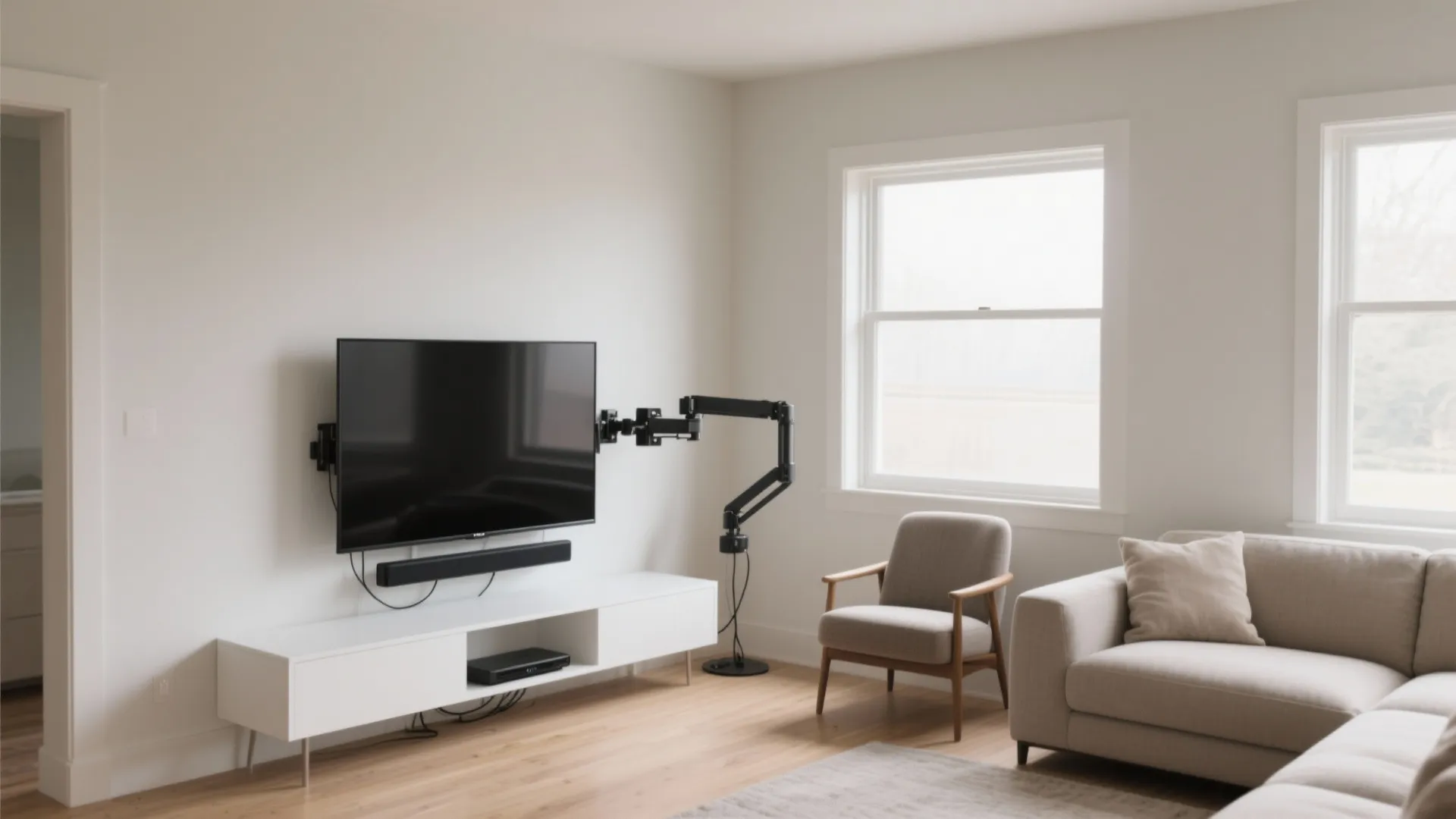 Bright living area with television on swivel arm white cabinet grey sofa chair and large windows