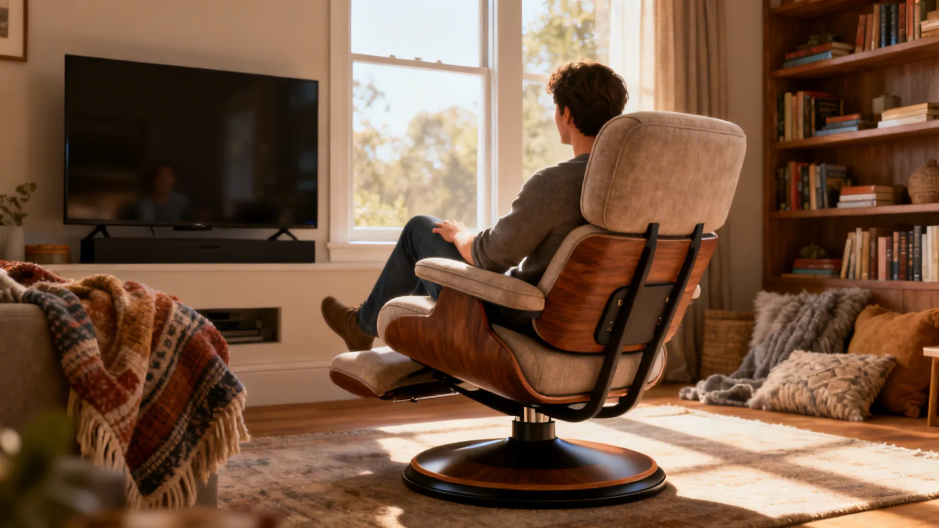 Swivel chair with integrated lumbar support in a cozy family den