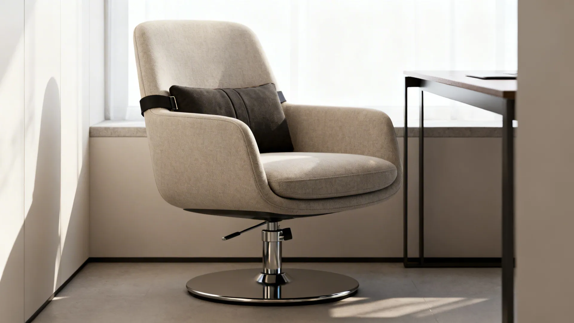 Swivel accent chair with an adjustable lumbar pillow in a compact living room home-office corner.