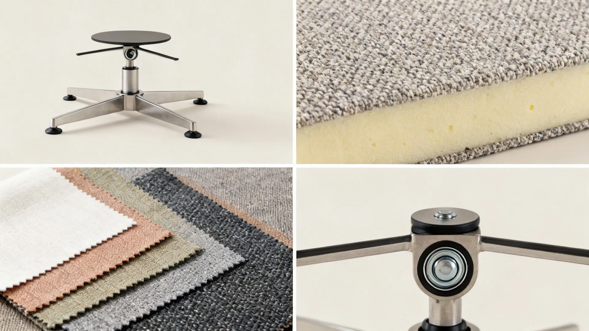Close-up collage of steel base, fabric swatches, foam cross-section and swivel bearing details.