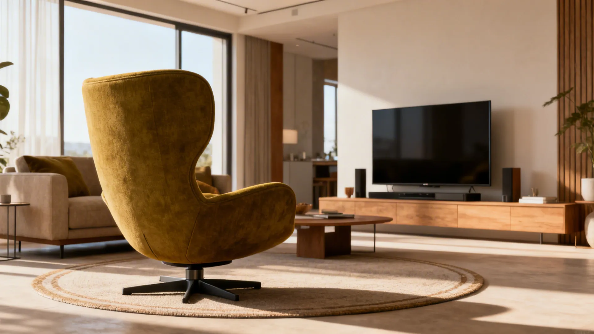 Swivel mid-century chair in an open-plan compact living area showing its rotation function.