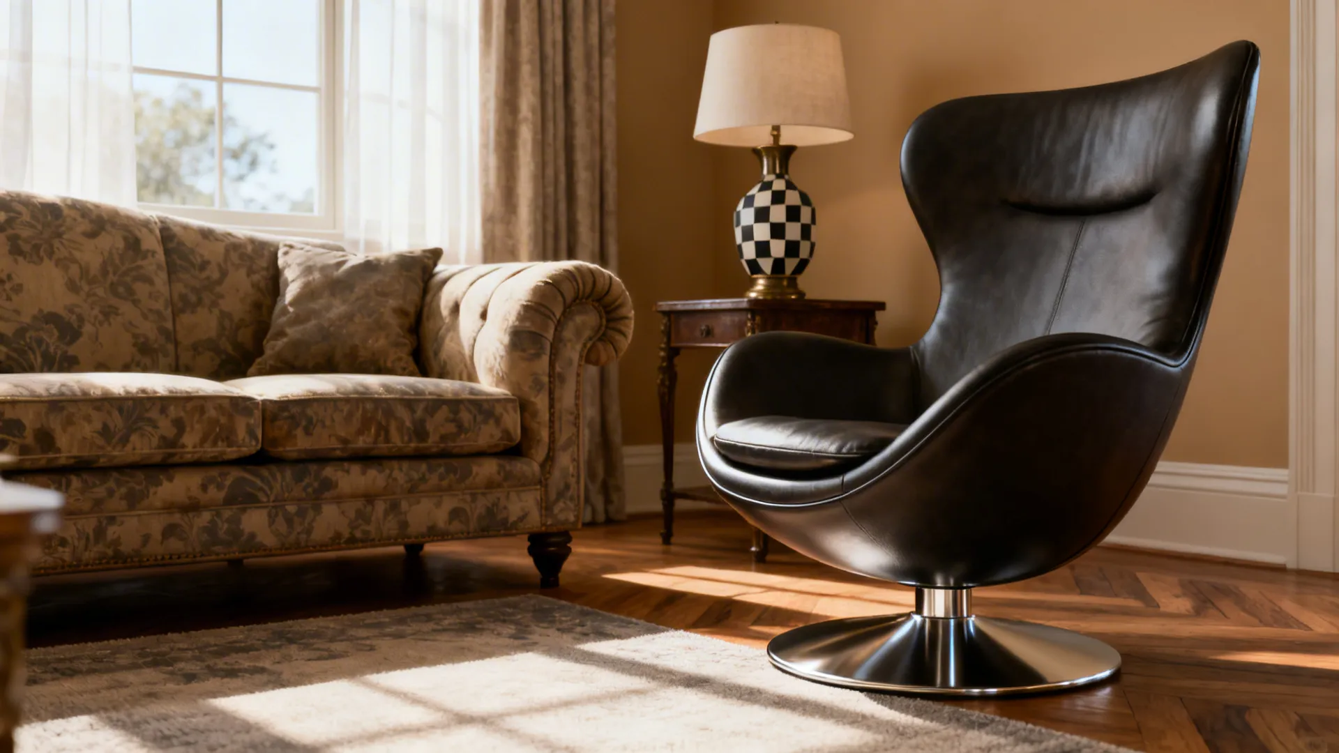 Modern black leather swivel chair next to floral sofa and table lamp on wooden floor