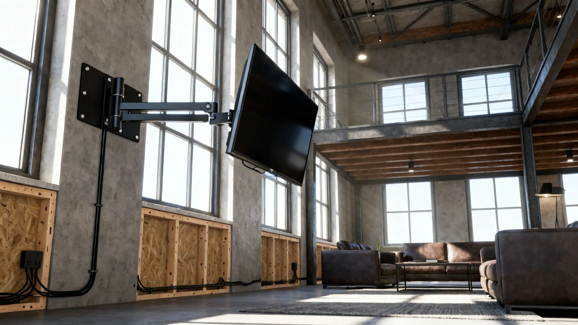 Corner-mounted TV on a swivel bracket with angled views toward seating and windows