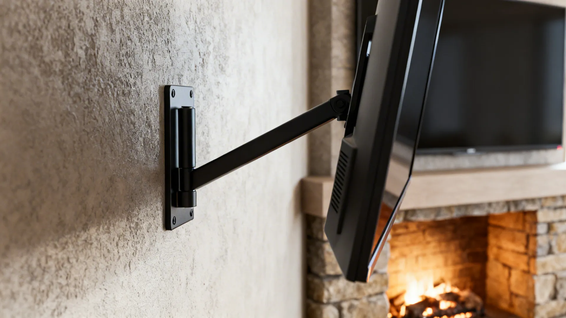 Close-up of a slim swivel TV mount next to a stone fireplace showing the bracket and angled screen.