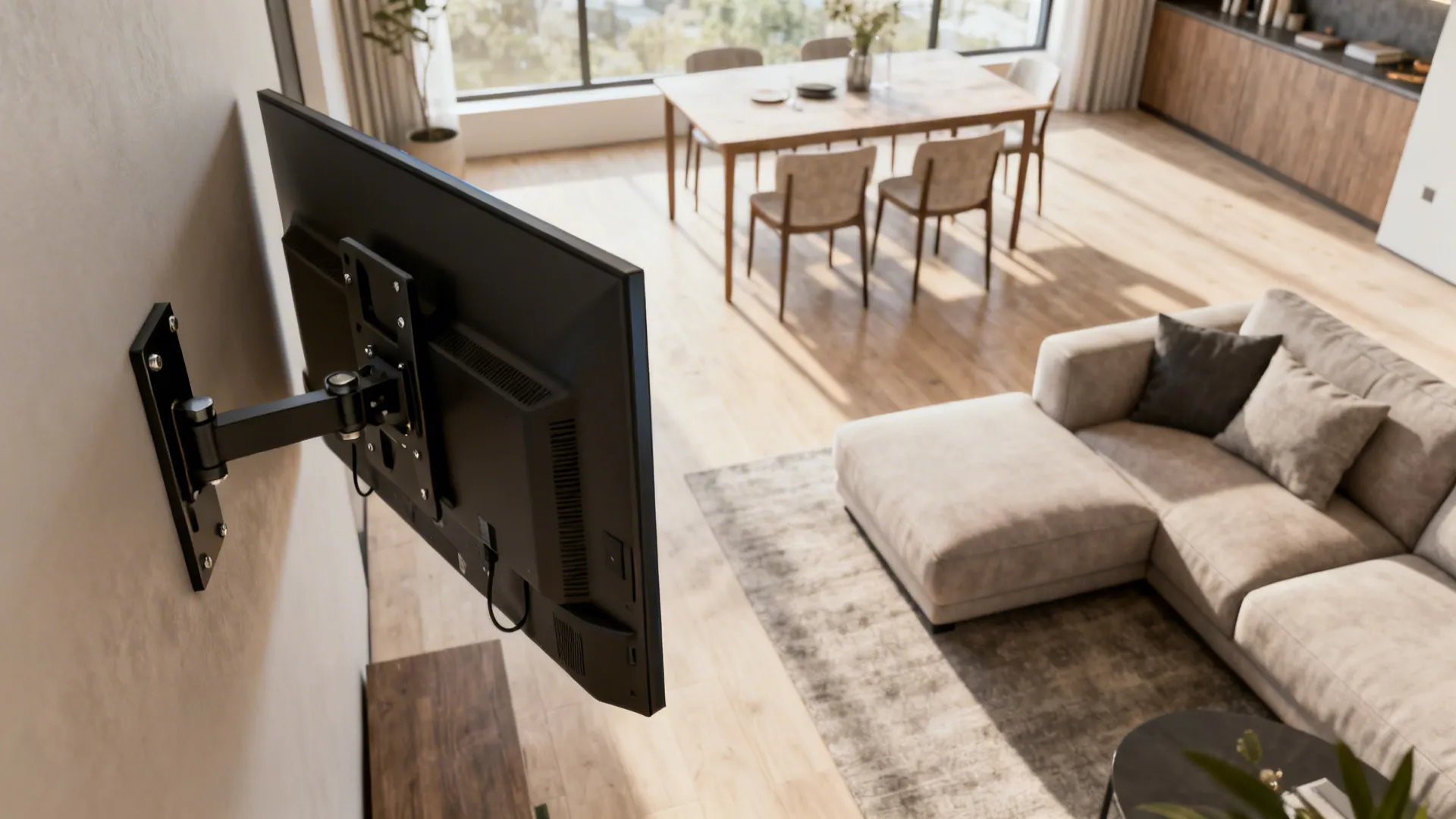 Corner TV on a swivel mount pivoted to face both sofa and dining nook, showing flexible sightlines.