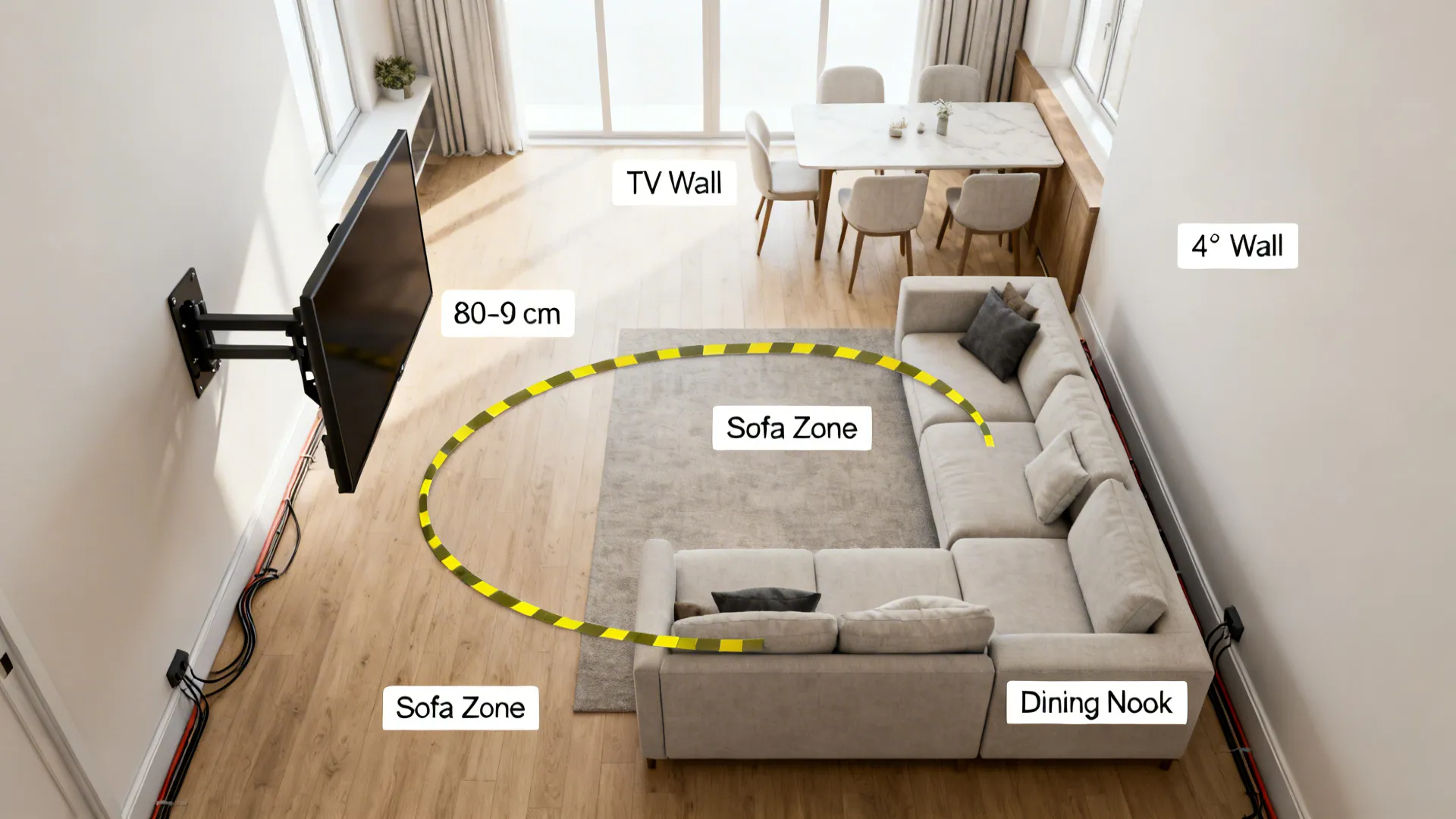 Top-down plan of a small living room with a pivoting TV serving sofa and dining zones.